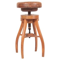 Adjustable Artist Stool in Oak and Patinated Leather, Denmark, 1930s