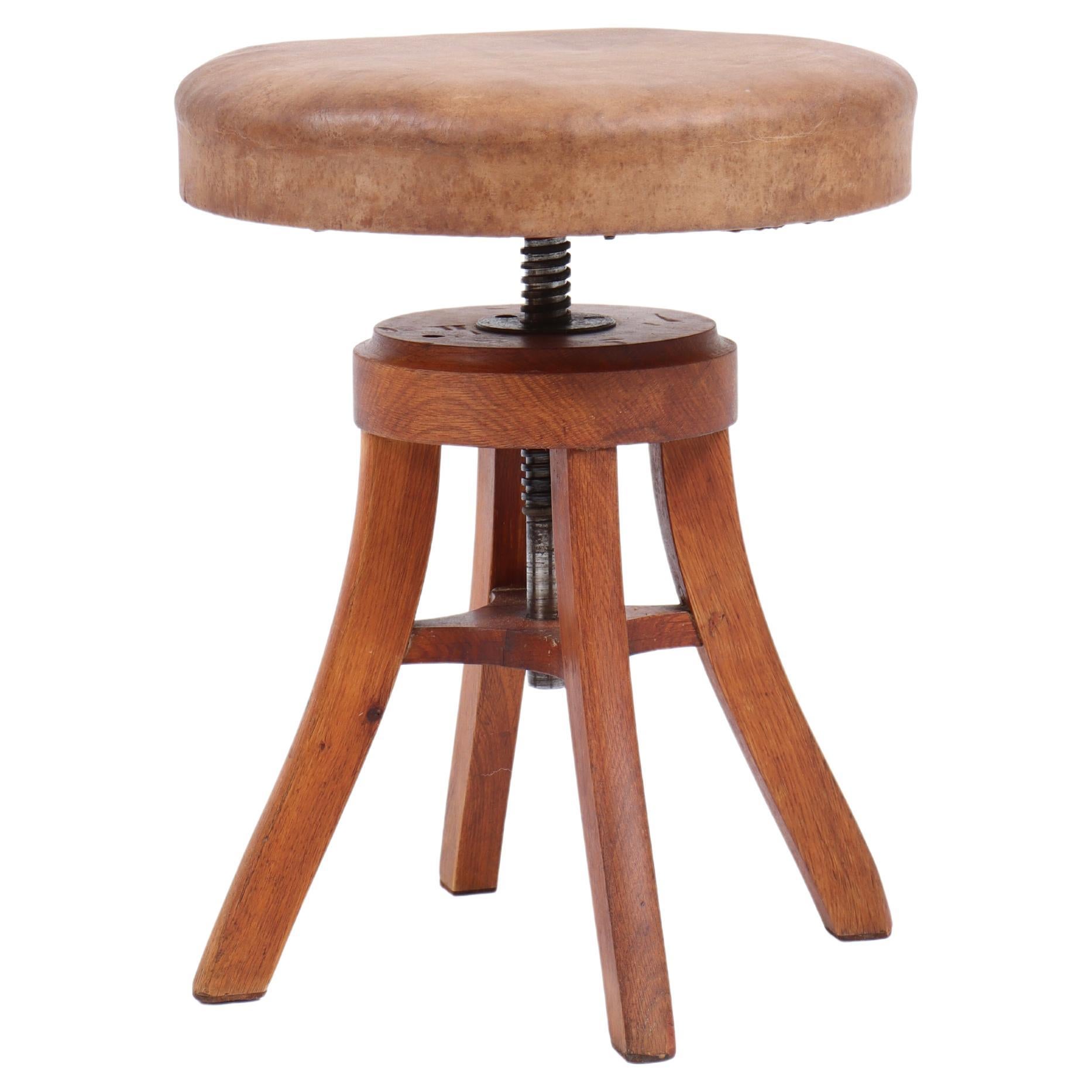 Adjustable Artist Stool in Oak and Patinated Leather, Denmark, 1930s For Sale