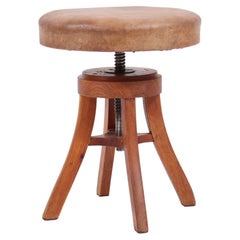Adjustable Artist Stool in Oak and Patinated Leather, Denmark, 1930s