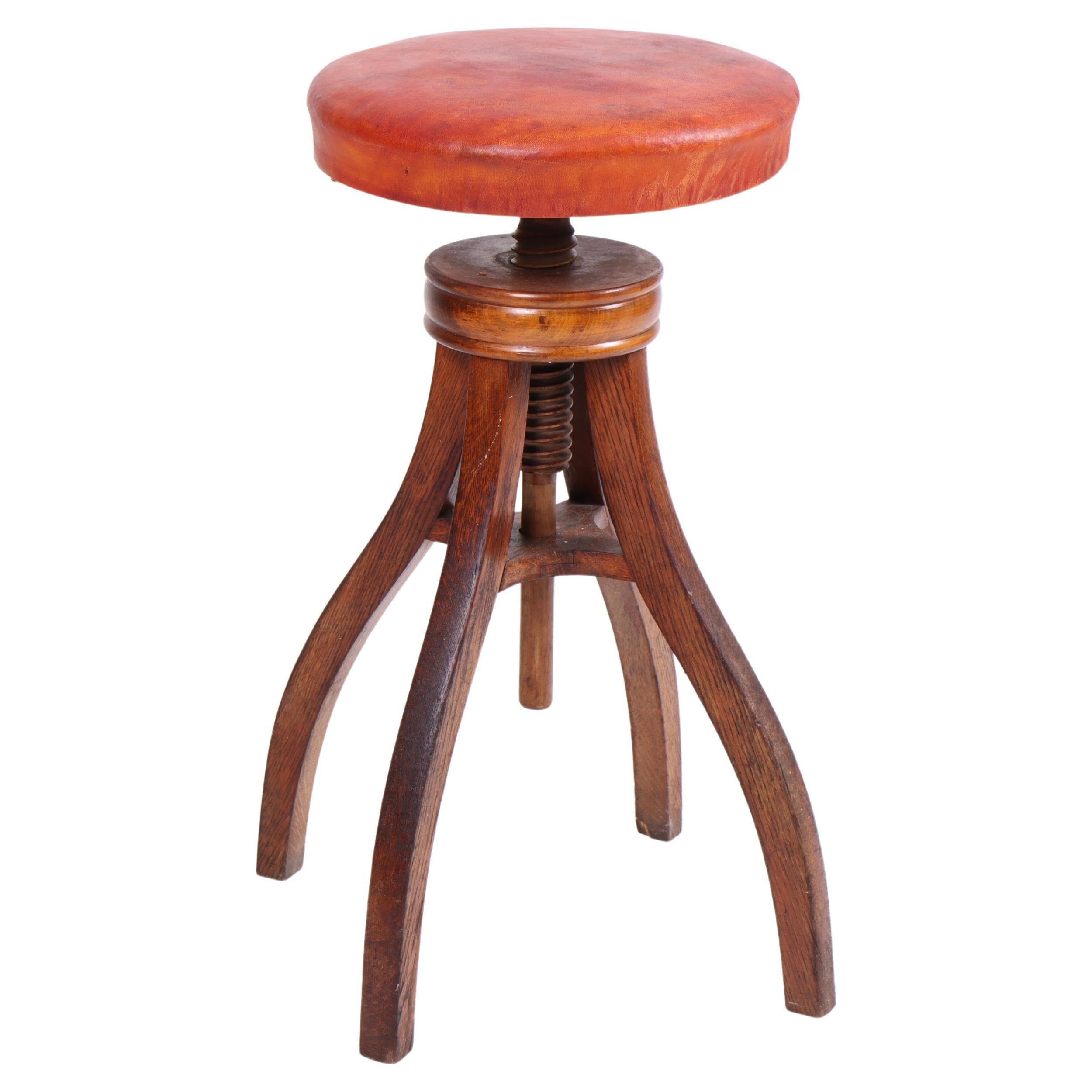 Adjustable Artist Stool in Oak and Patinated Leather, Denmark, 1930s