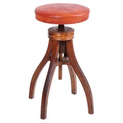 Vintage Adjustable Artist Stool in Oak and Patinated Leather, Denmark, 1930s