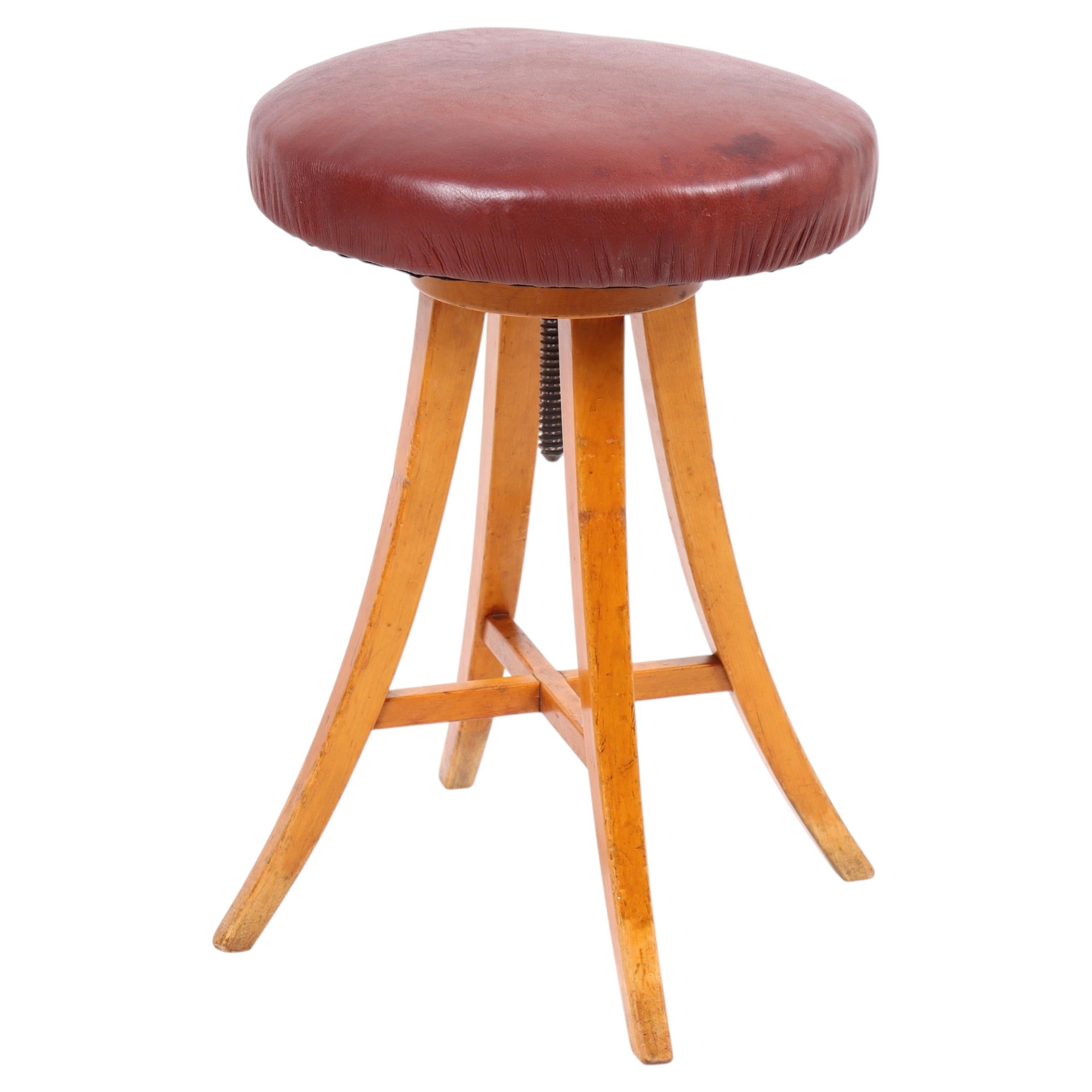 Adjustable Artist Stool in Oak and Patinated Leather, Denmark, 1930s For Sale