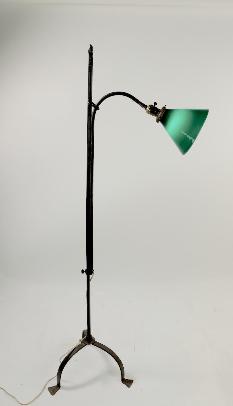 Adjustable Arts & Crafts Wrought Iron Floor Lamp with Emeralite Cone Shade 5