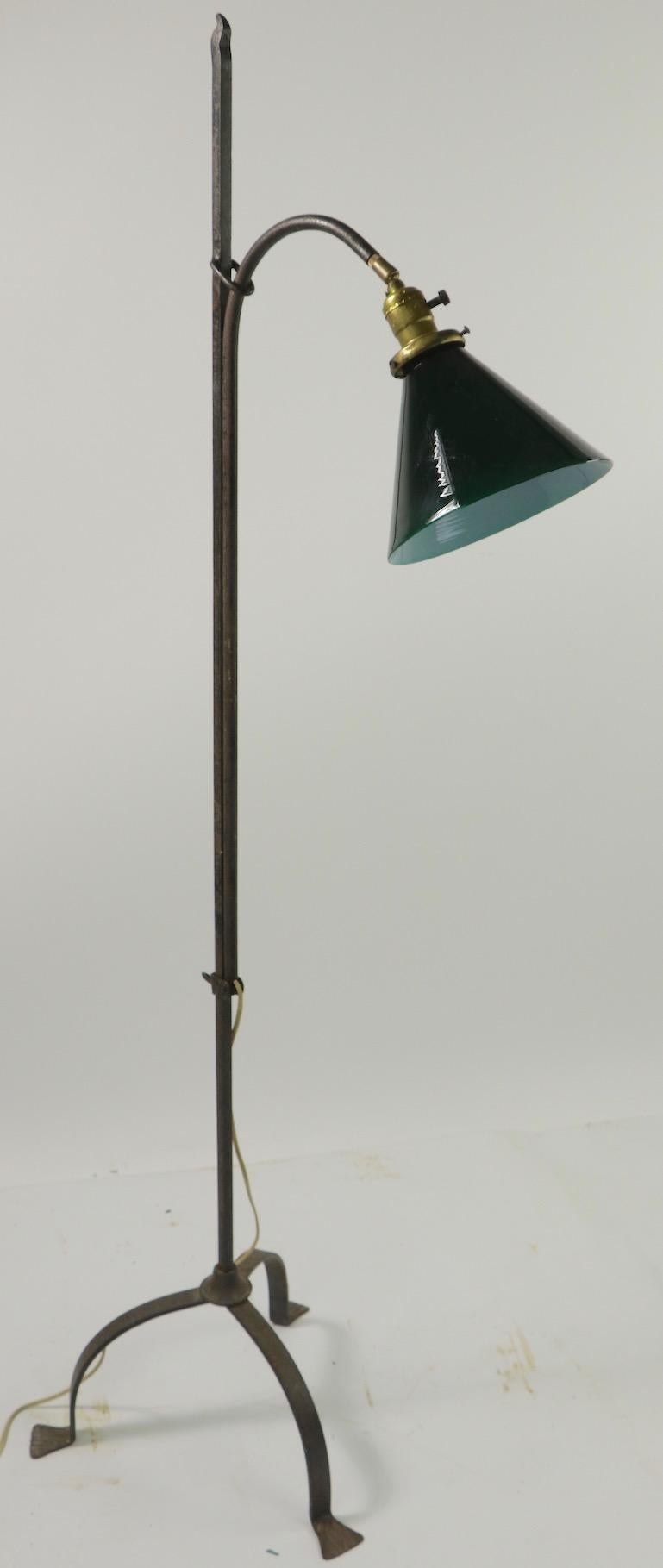 Adjustable Arts & Crafts Wrought Iron Floor Lamp with Emeralite Cone Shade 6