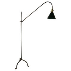Adjustable Arts & Crafts Wrought Iron Floor Lamp with Emeralite Cone Shade