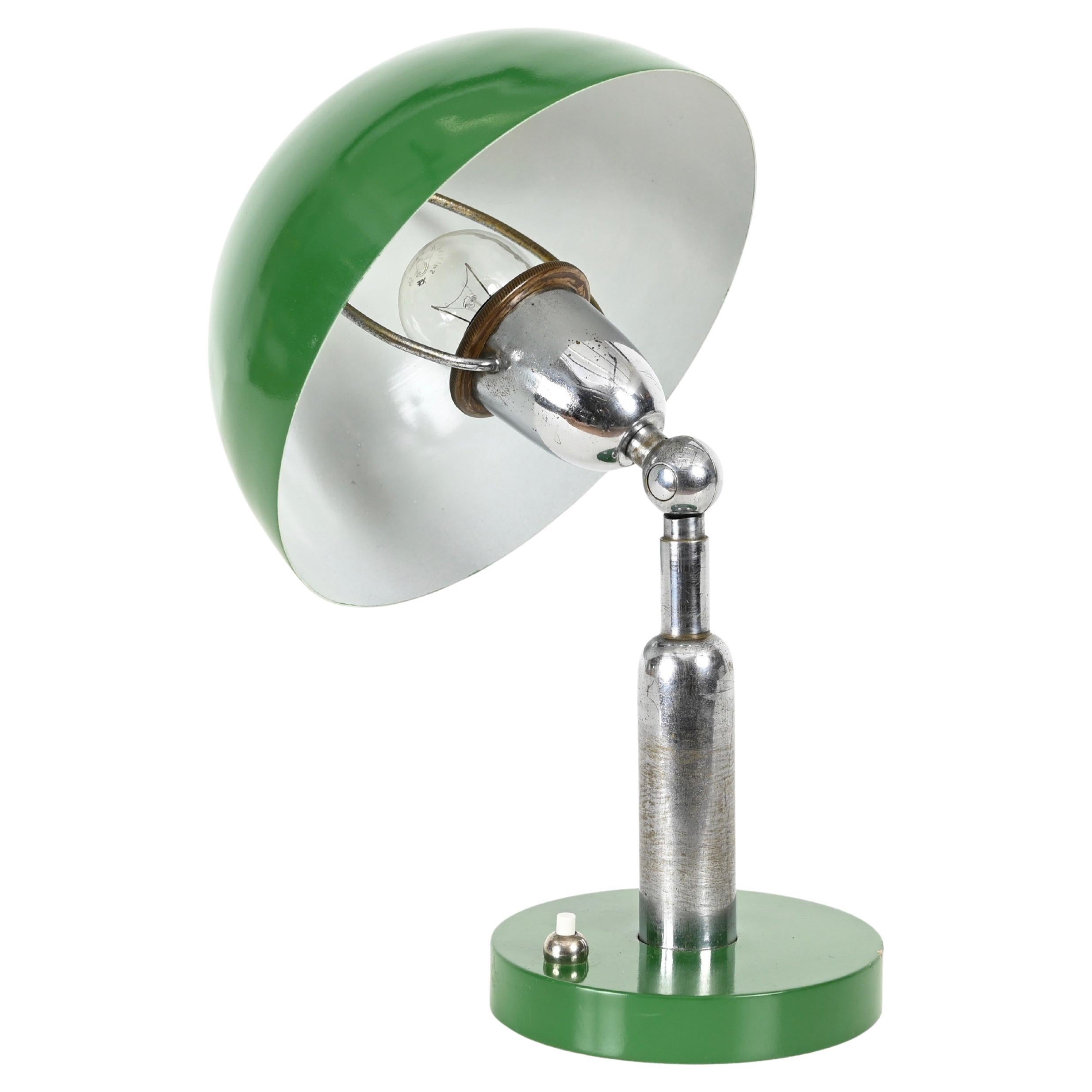 Adjustable Bauhaus Green Table Lamp in Chrome and Enameled Metal, Italy 1940s