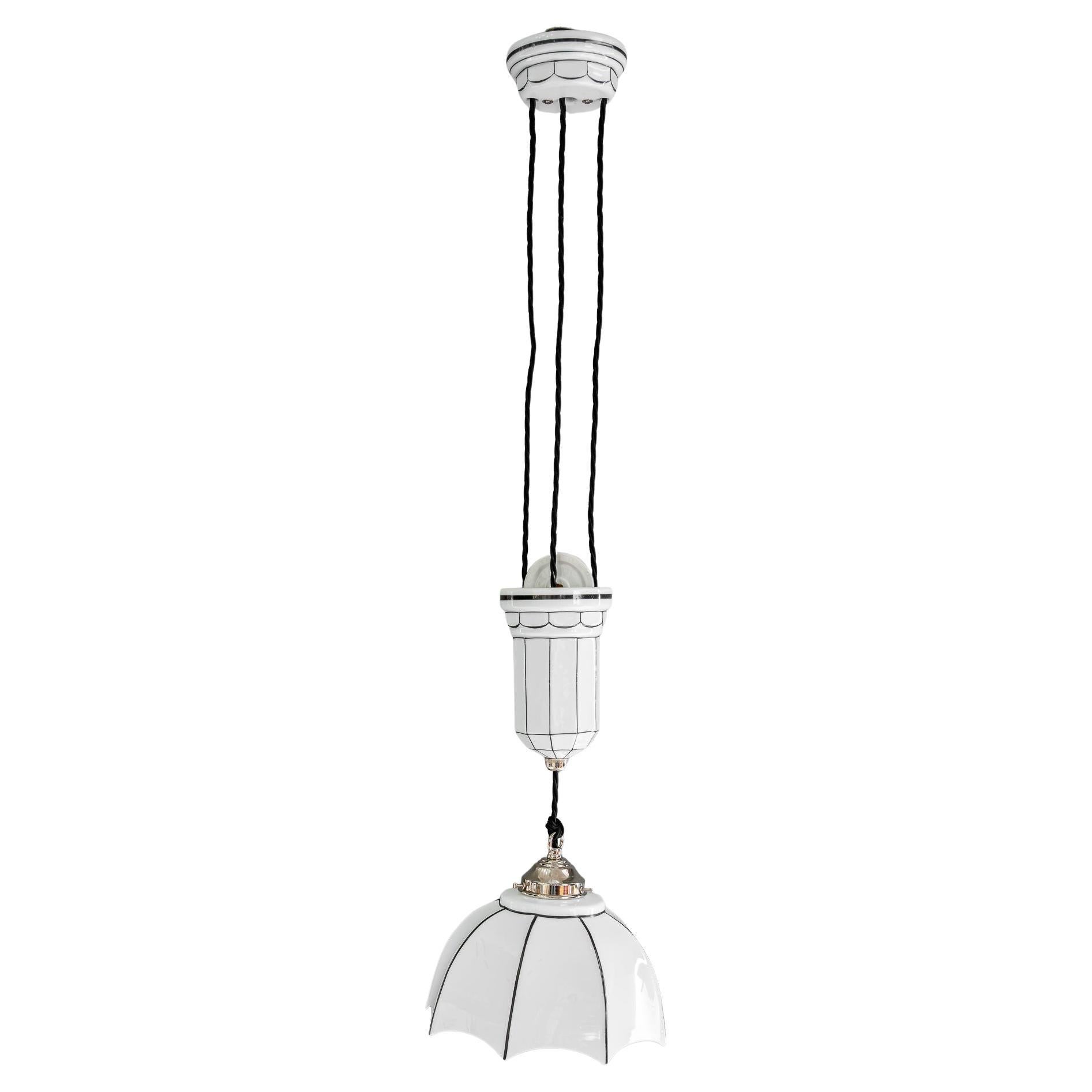 Adjustable bauhaus porcelain pendant with opal glass shade vienna around 1920s For Sale