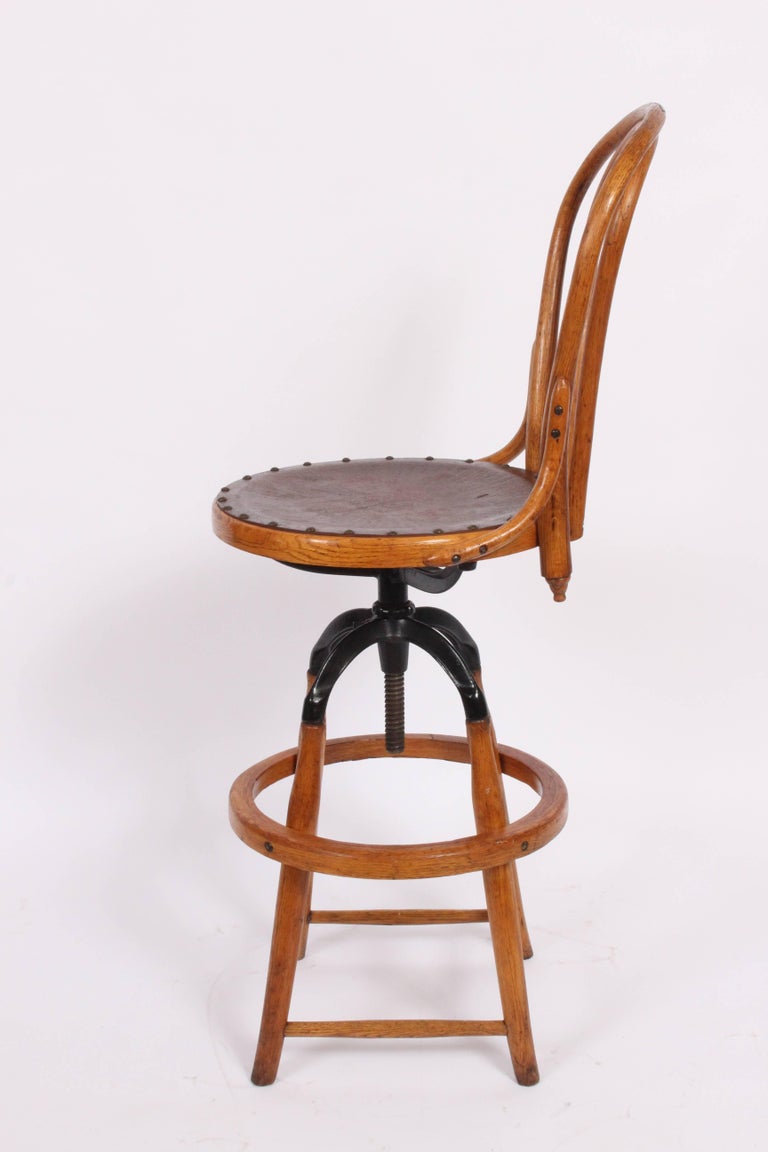 Bentwood High Back Oak and Cast Iron Adjustable Architects Swivel Chair