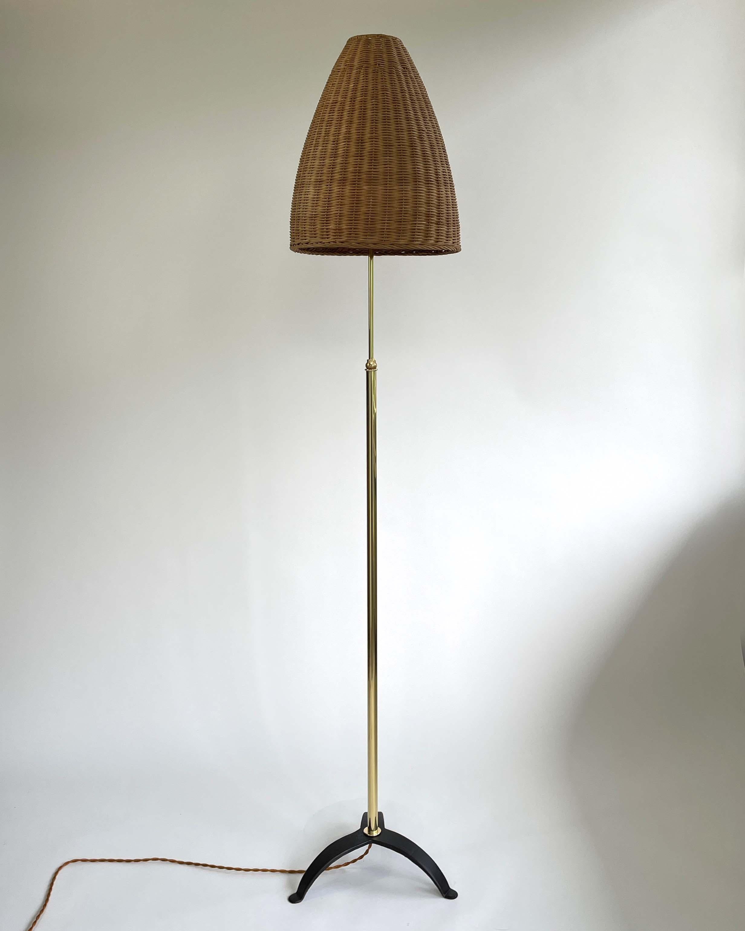 Austrian Adjustable 'Bienenkorb' Wicker Brass Floor Lamp, Jt Kalmar Style, Austria 1950s For Sale