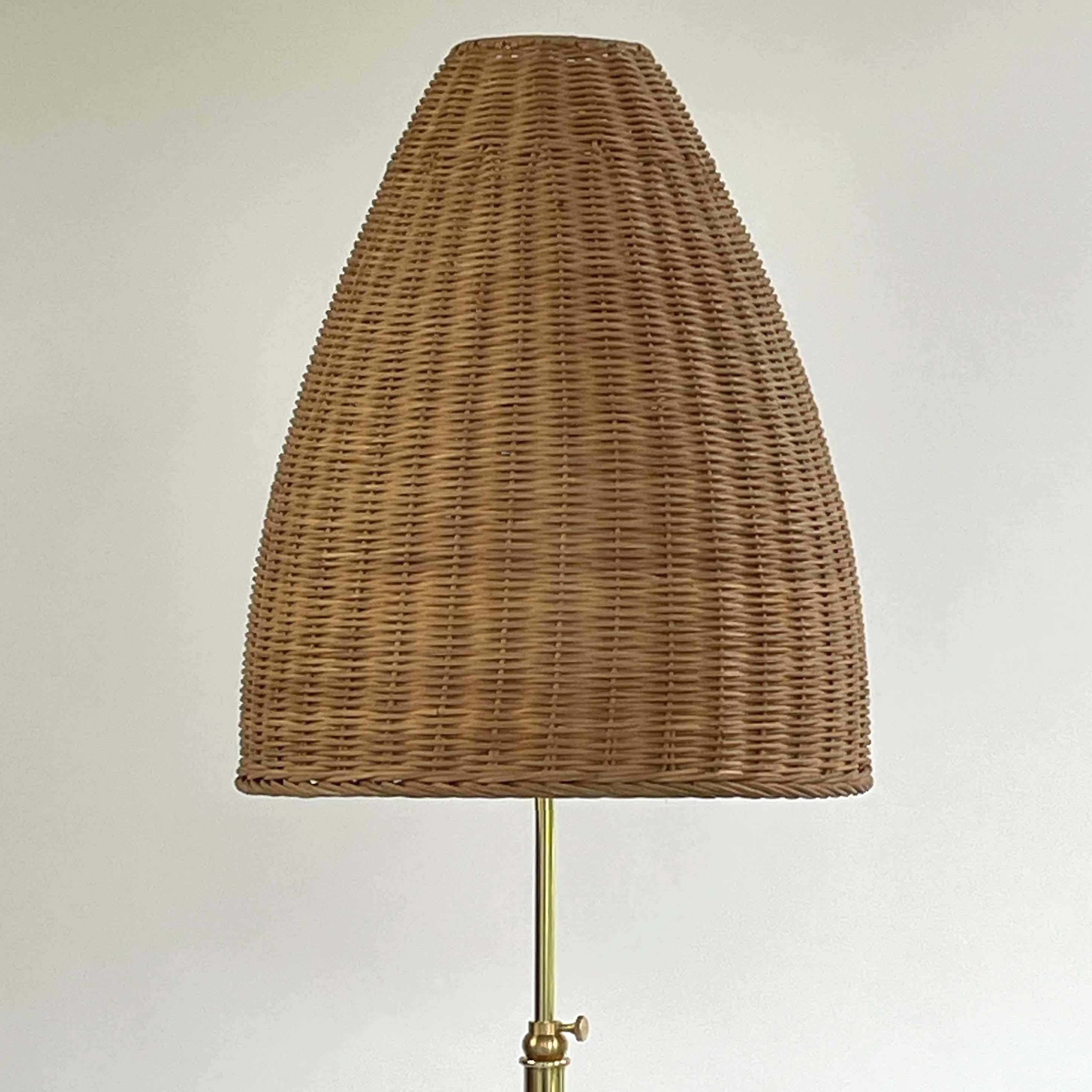 Adjustable 'Bienenkorb' Wicker Brass Floor Lamp, Jt Kalmar Style, Austria 1950s For Sale 1