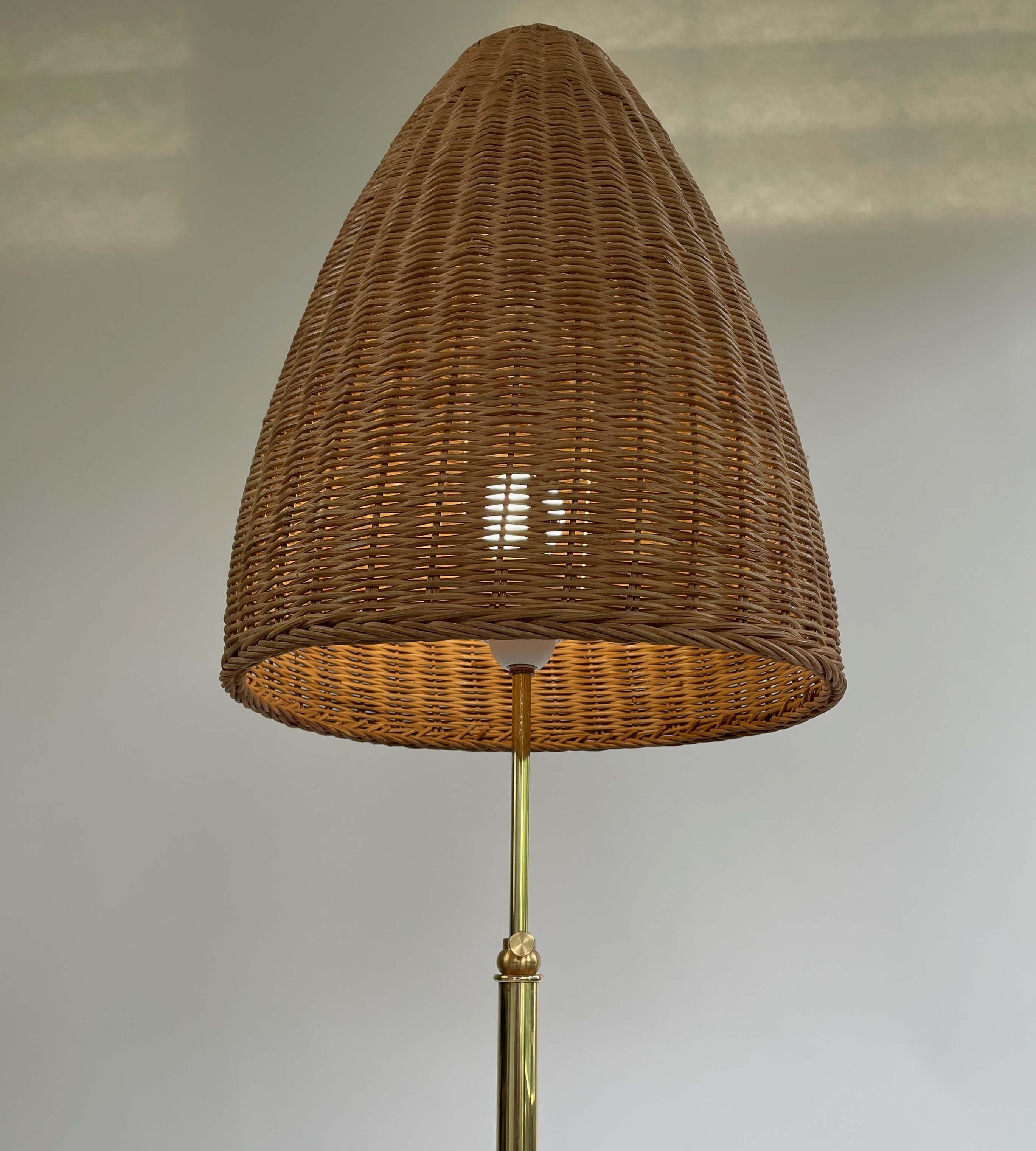 Adjustable 'Bienenkorb' Wicker Brass Floor Lamp, Jt Kalmar Style, Austria 1950s For Sale 2