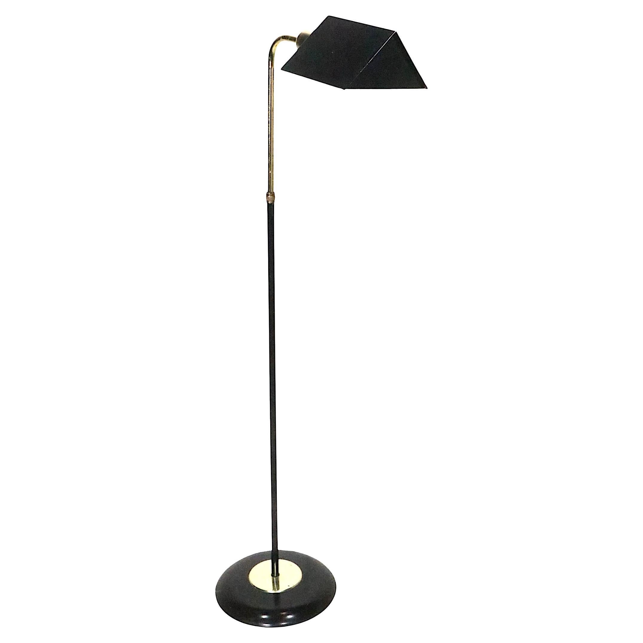 Adjustable Black and Brass Hollywood Regency Style Pharmacy Floor Lamp 1970/80 For Sale