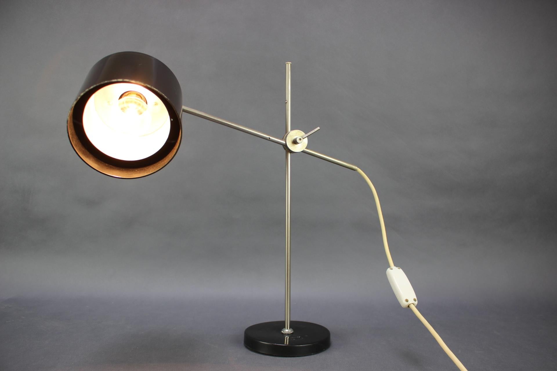 Chrome Adjustable Black Bakelite Industrial Table Lamp / Czechoslovakia, 1970s For Sale
