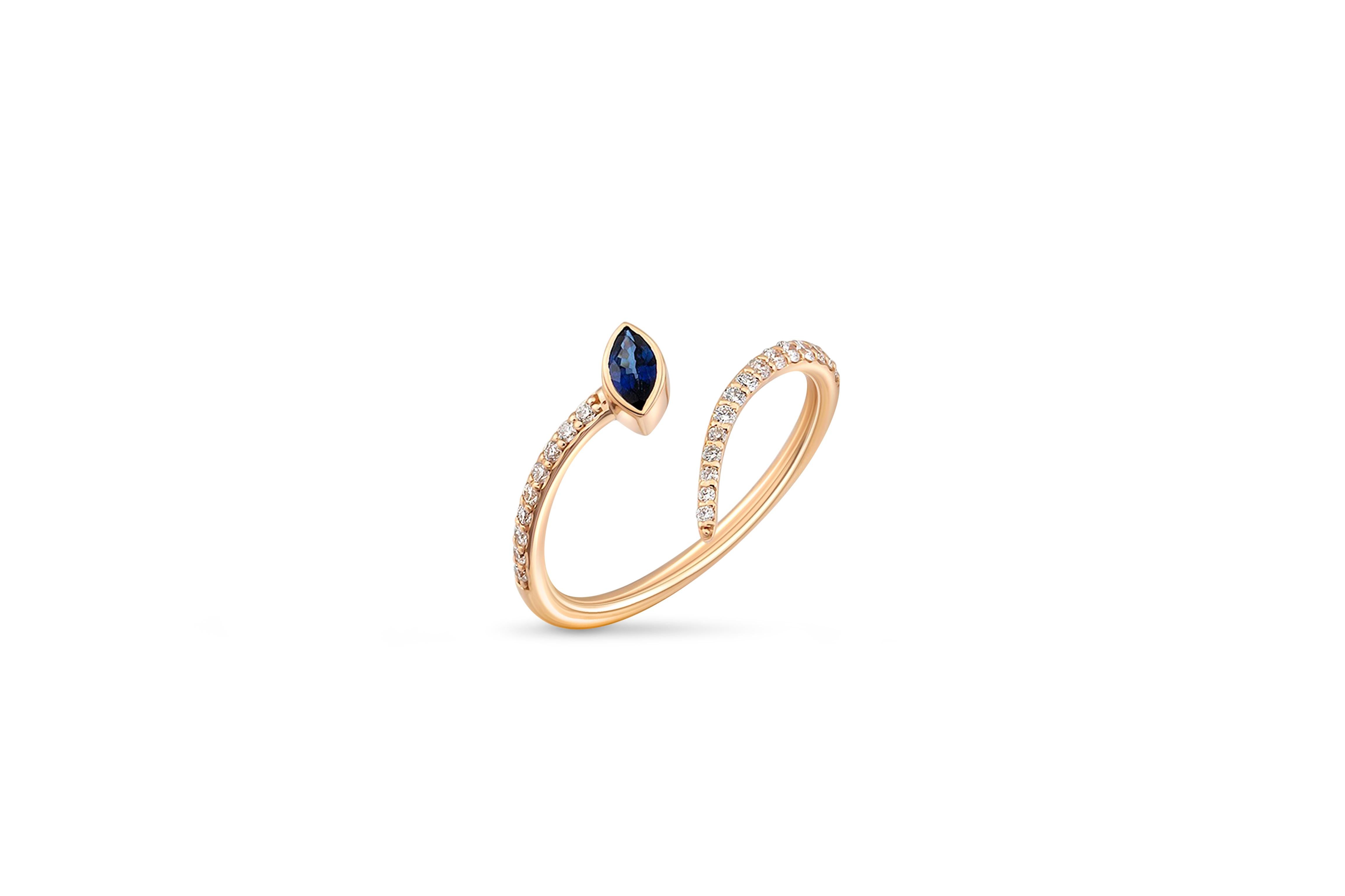 Marquise Cut Adjustable blue marquise 14k gold ring. For Sale