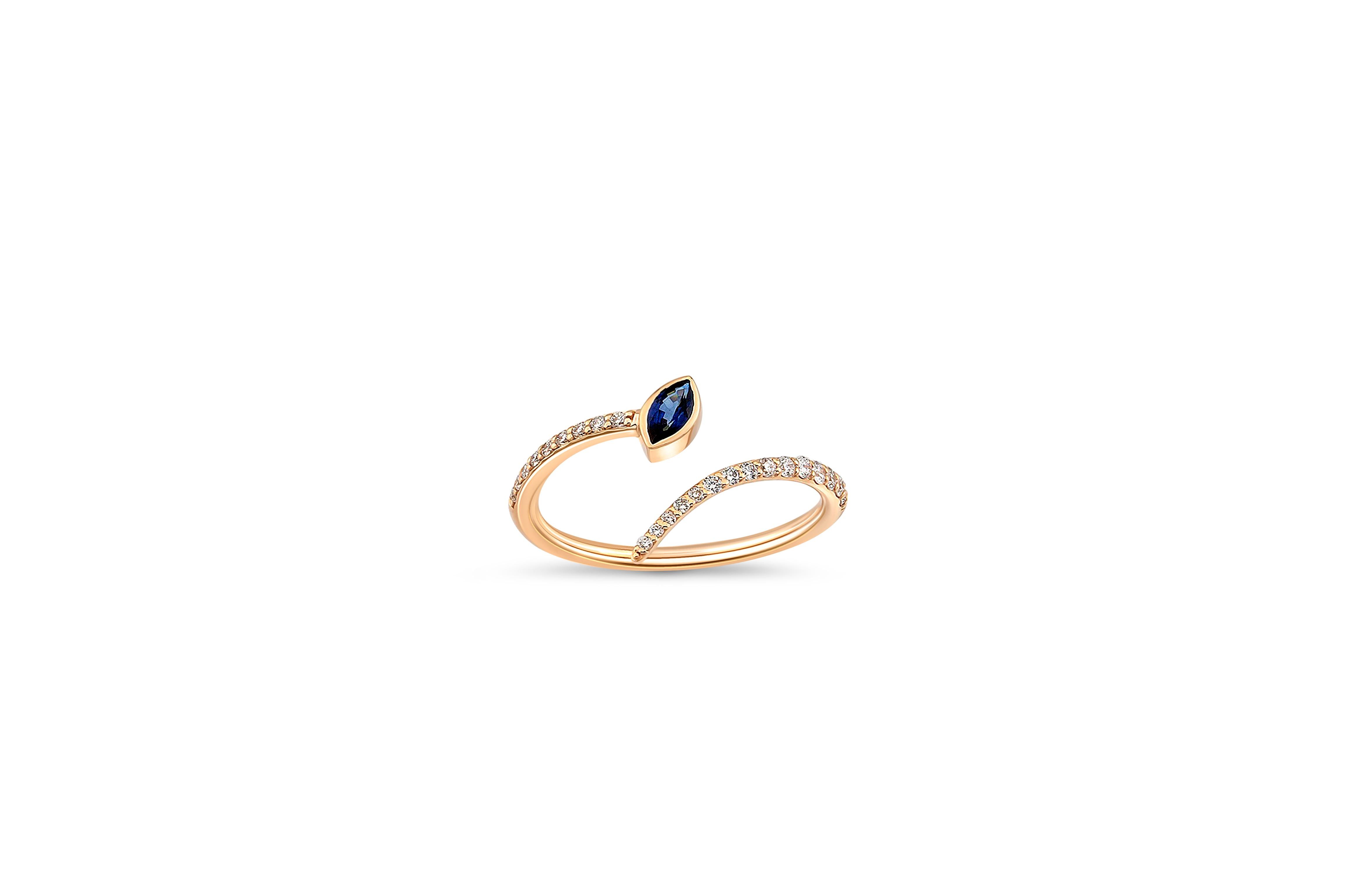 Adjustable blue marquise 14k gold ring. In New Condition For Sale In Istanbul, TR