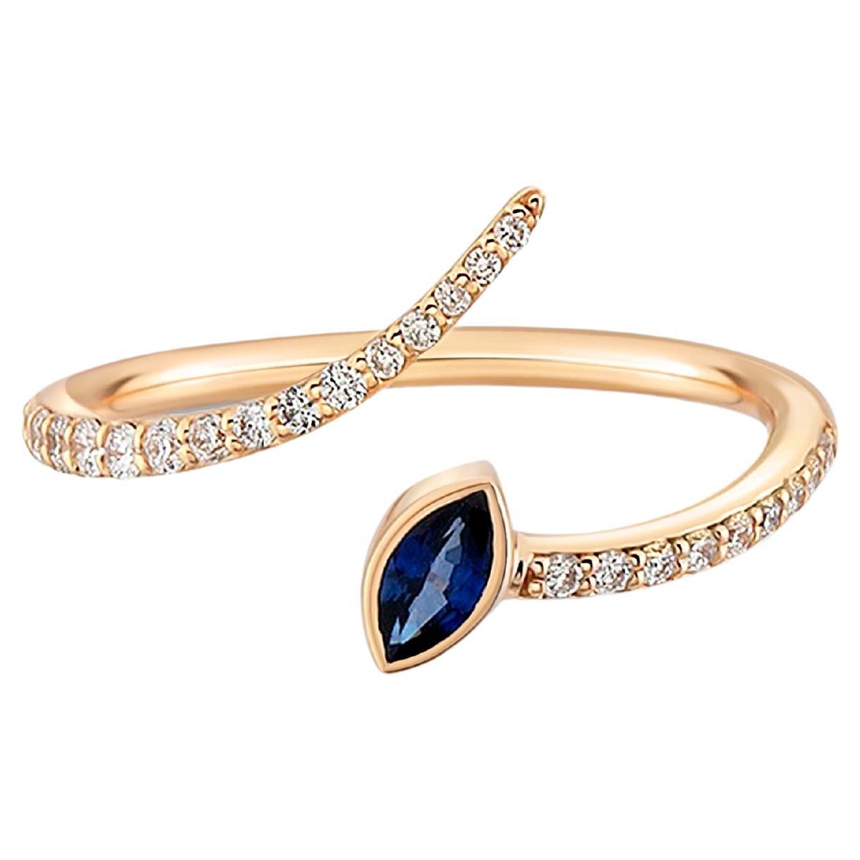 Adjustable blue marquise 14k gold ring. For Sale