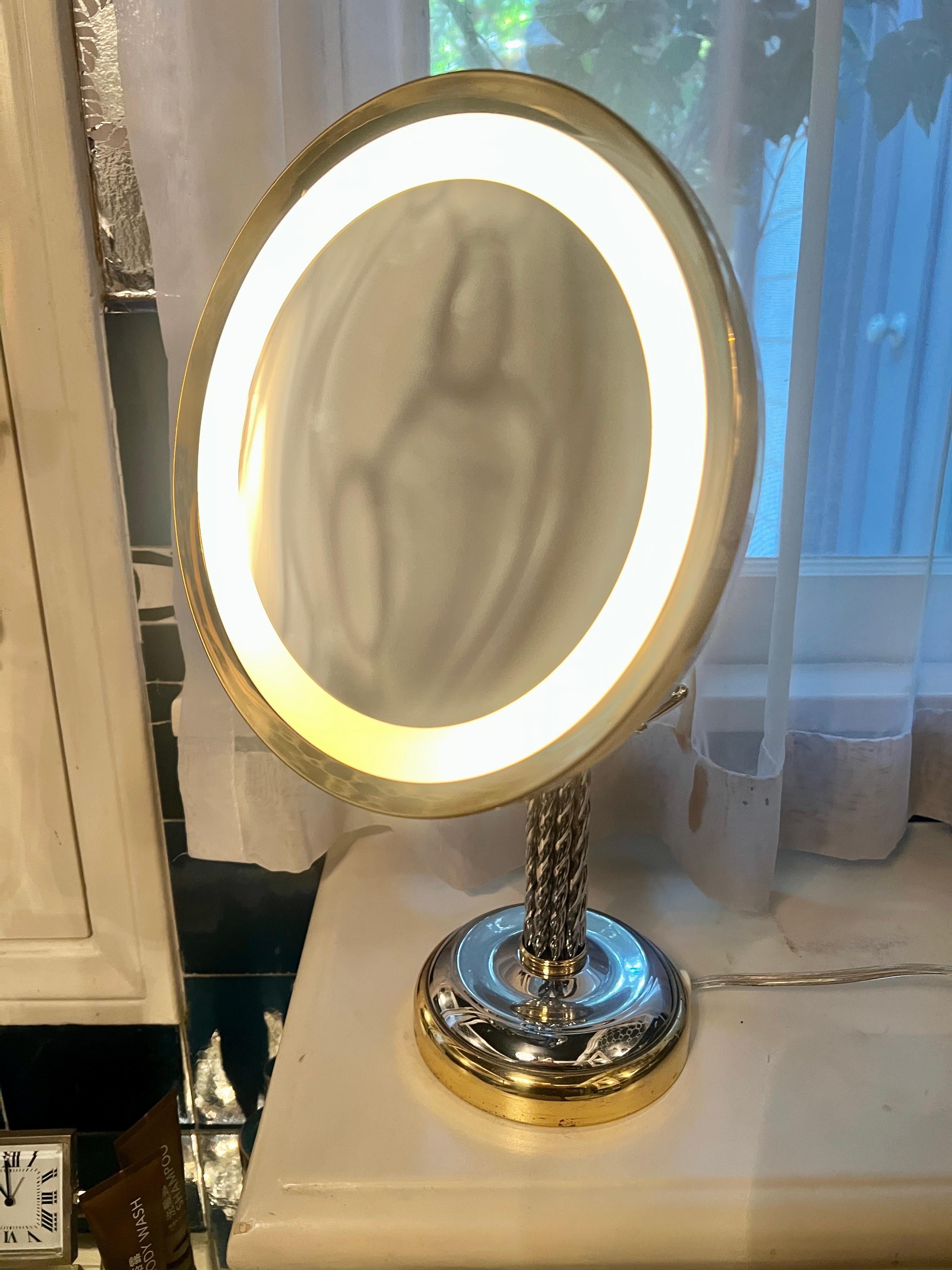Adjustable Braided Chrome Handle and Brass Lighted  Magnification Table Mirror For Sale 4