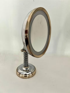 Adjustable Braided Chrome Handle and Brass Lighted  Magnification Table Mirror
