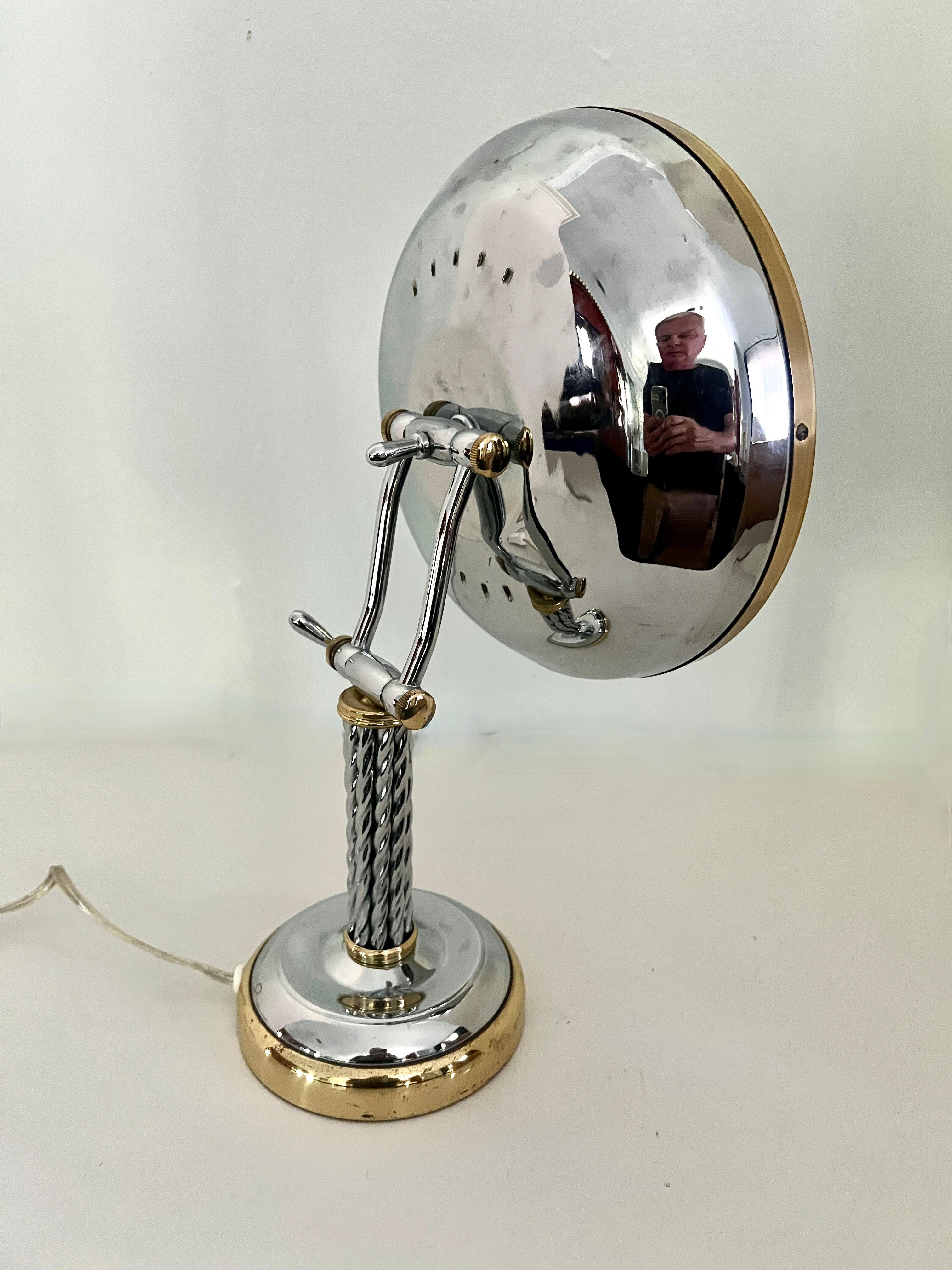 Mid-Century Modern Adjustable Braided Chrome Handle and Brass Lighted  Magnification Table Mirror For Sale