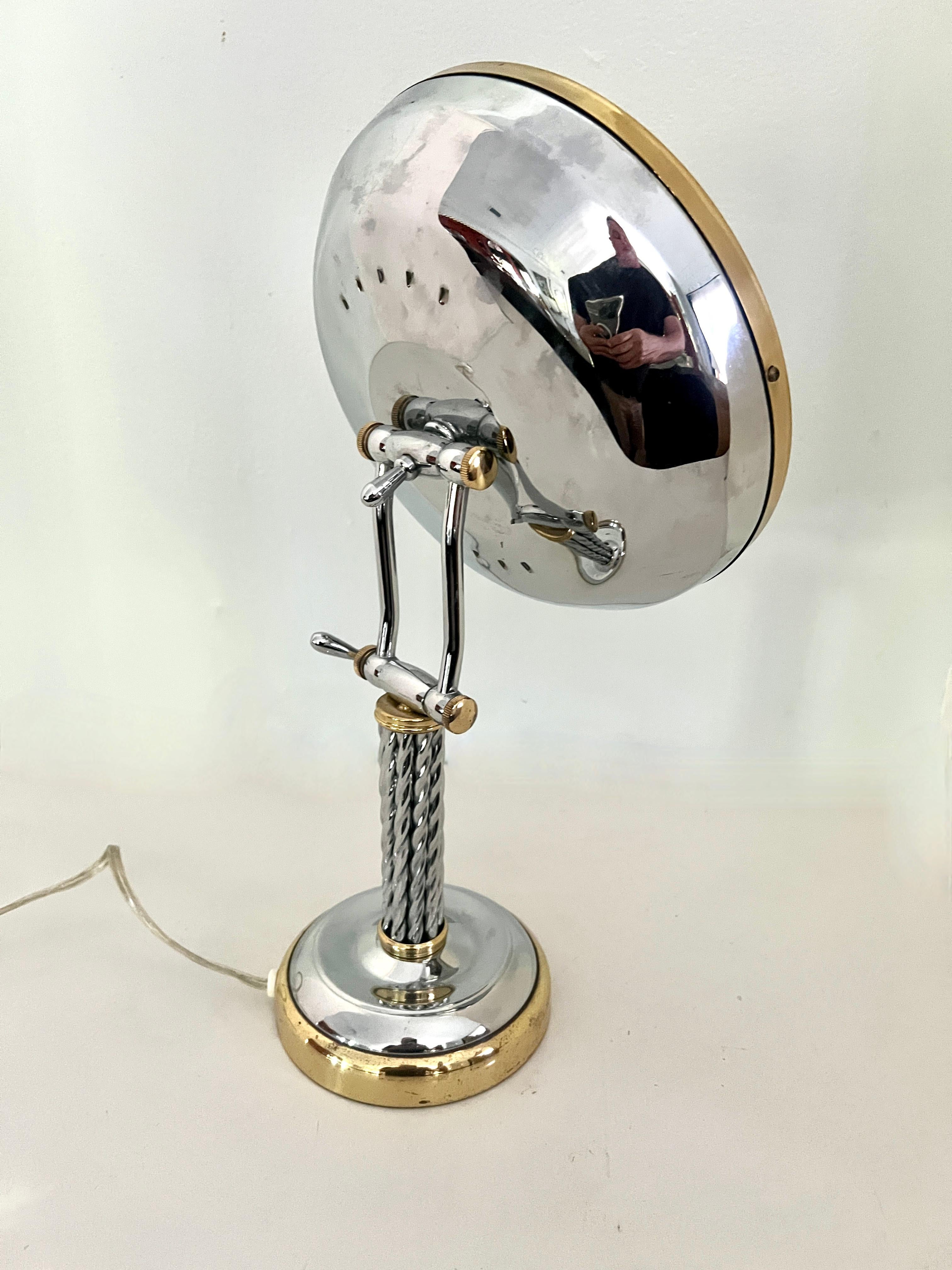 Adjustable Braided Chrome Handle and Brass Lighted  Magnification Table Mirror In Good Condition For Sale In Los Angeles, CA