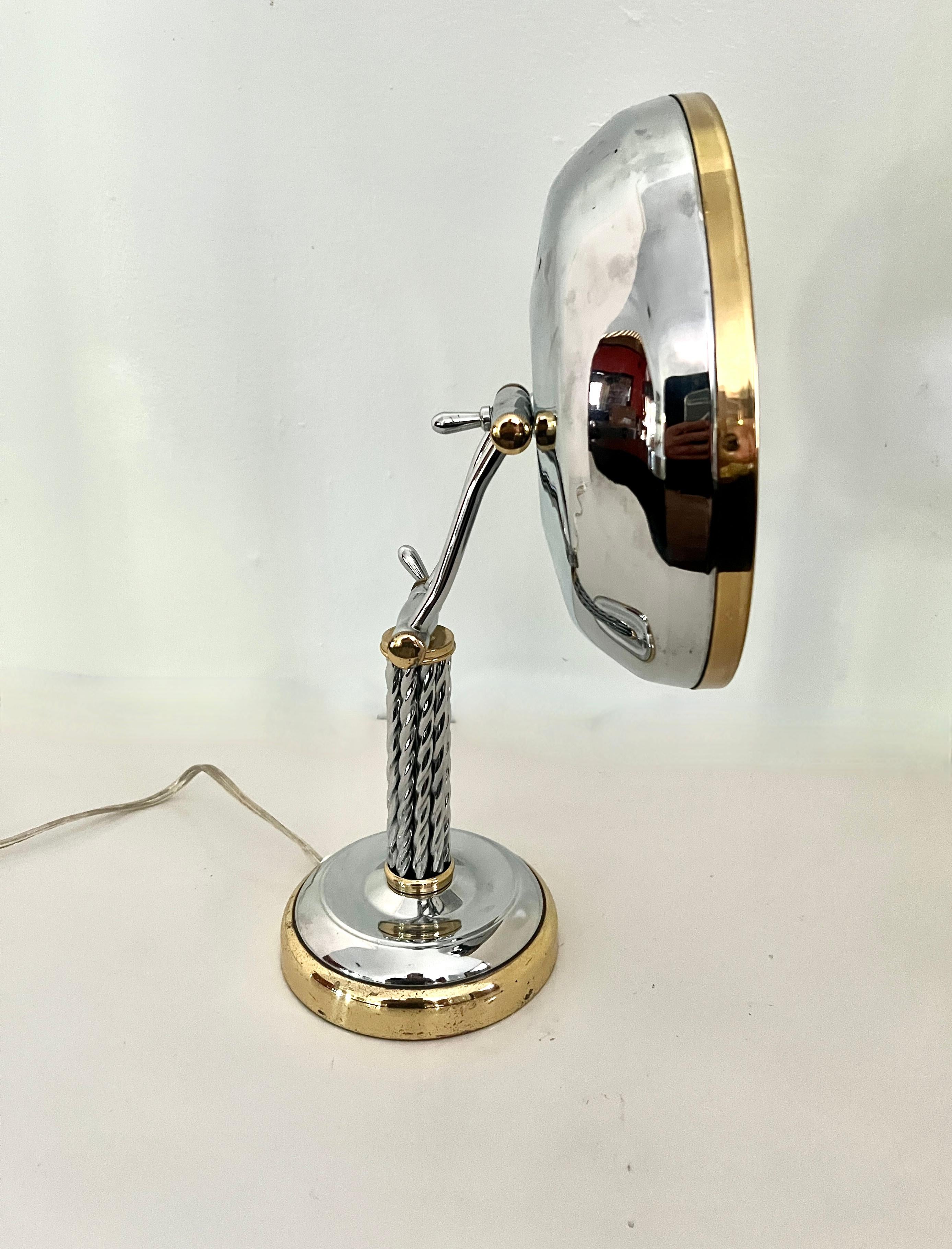 20th Century Adjustable Braided Chrome Handle and Brass Lighted  Magnification Table Mirror For Sale