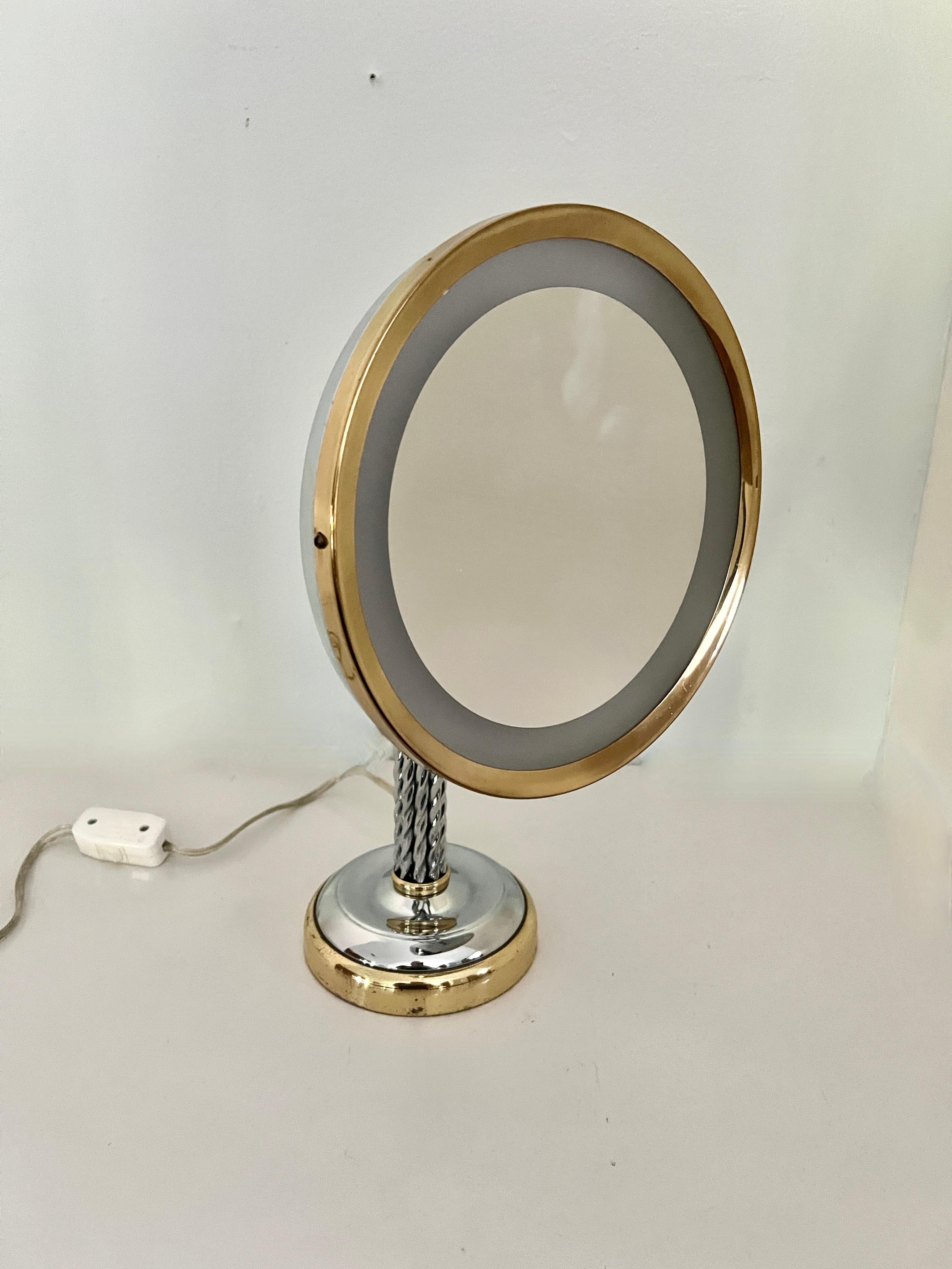 Adjustable Braided Chrome Handle and Brass Lighted  Magnification Table Mirror For Sale 1
