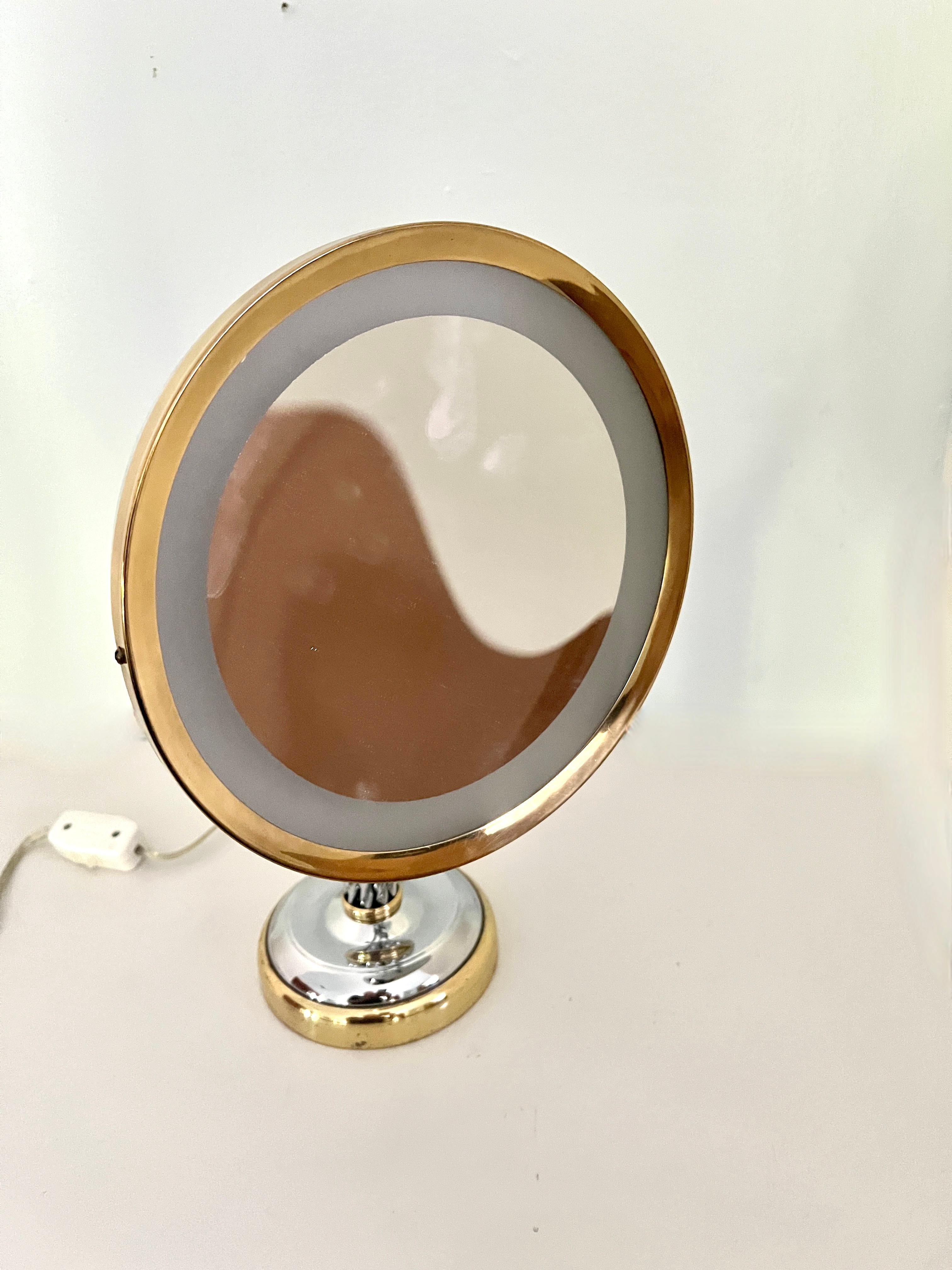 Adjustable Braided Chrome Handle and Brass Lighted  Magnification Table Mirror For Sale 2