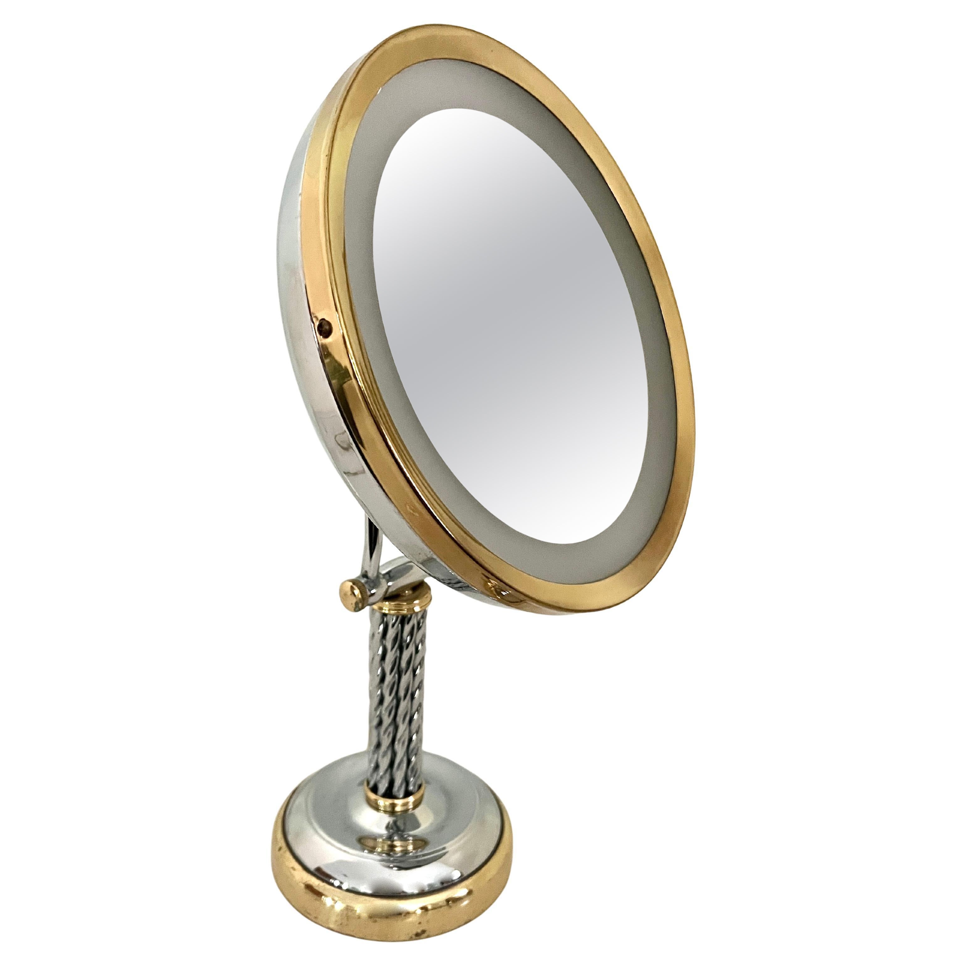 Adjustable Braided Chrome Handle and Brass Lighted  Magnification Table Mirror For Sale