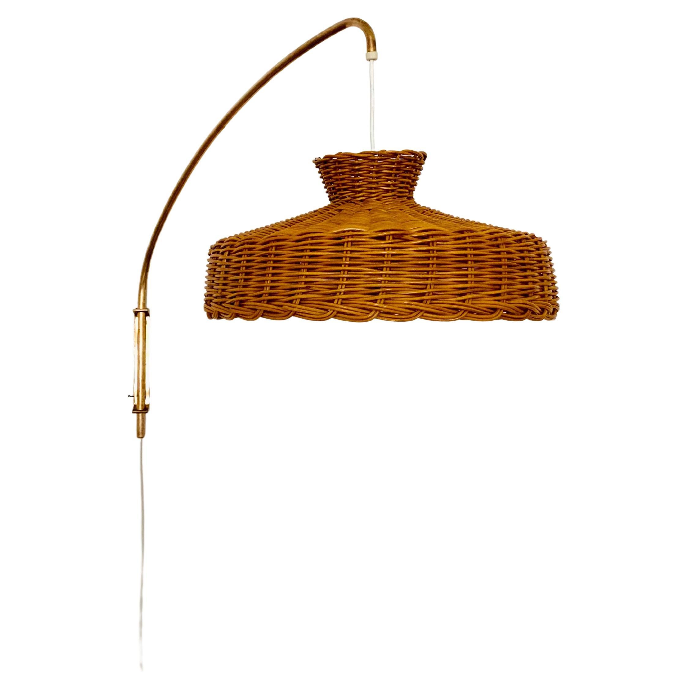 Adjustable Brass and Wicker Arc Sconce