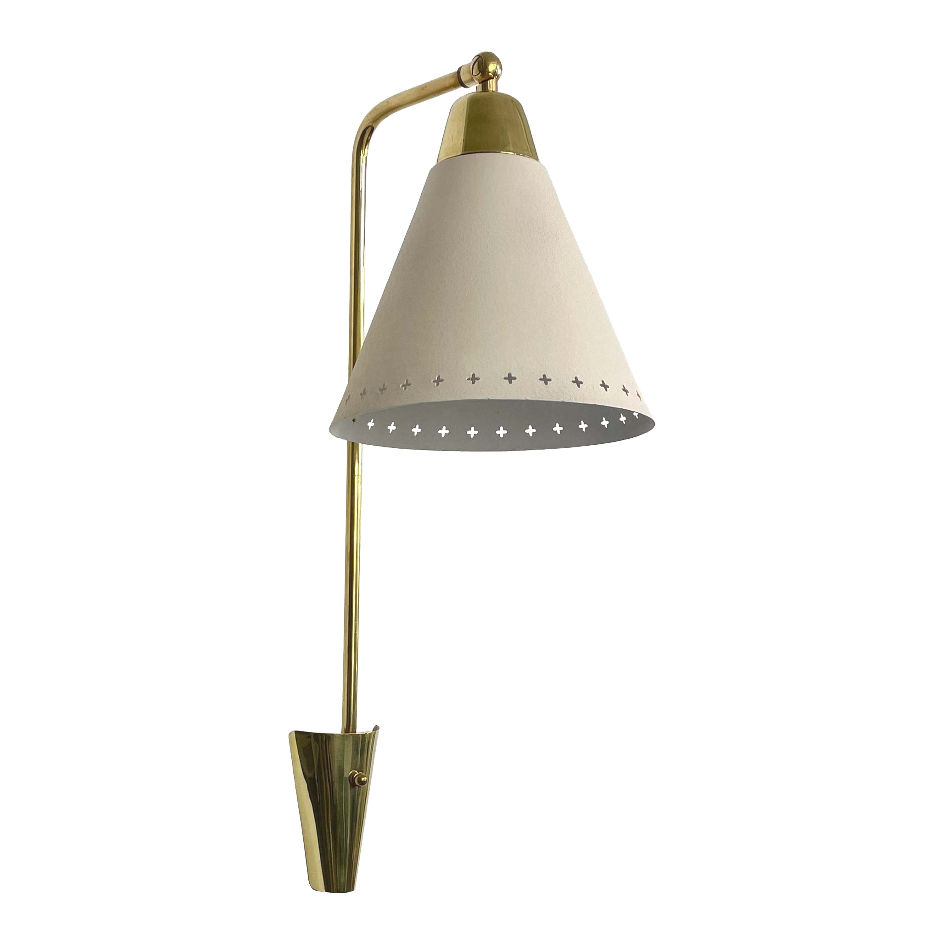 Adjustable Brass & Off-White Metal Wall Light Reading Lamp, Sweden 1950s For Sale