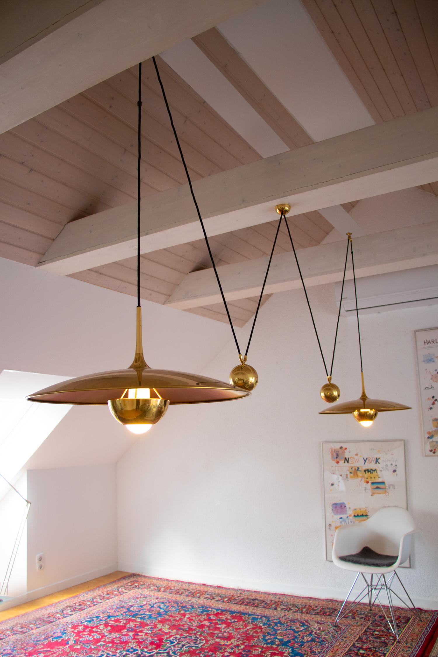 Mid-Century Modern Adjustable Brass Pendant Lamp Double Onos 55 by Florian Schulz, Germany, 1970s