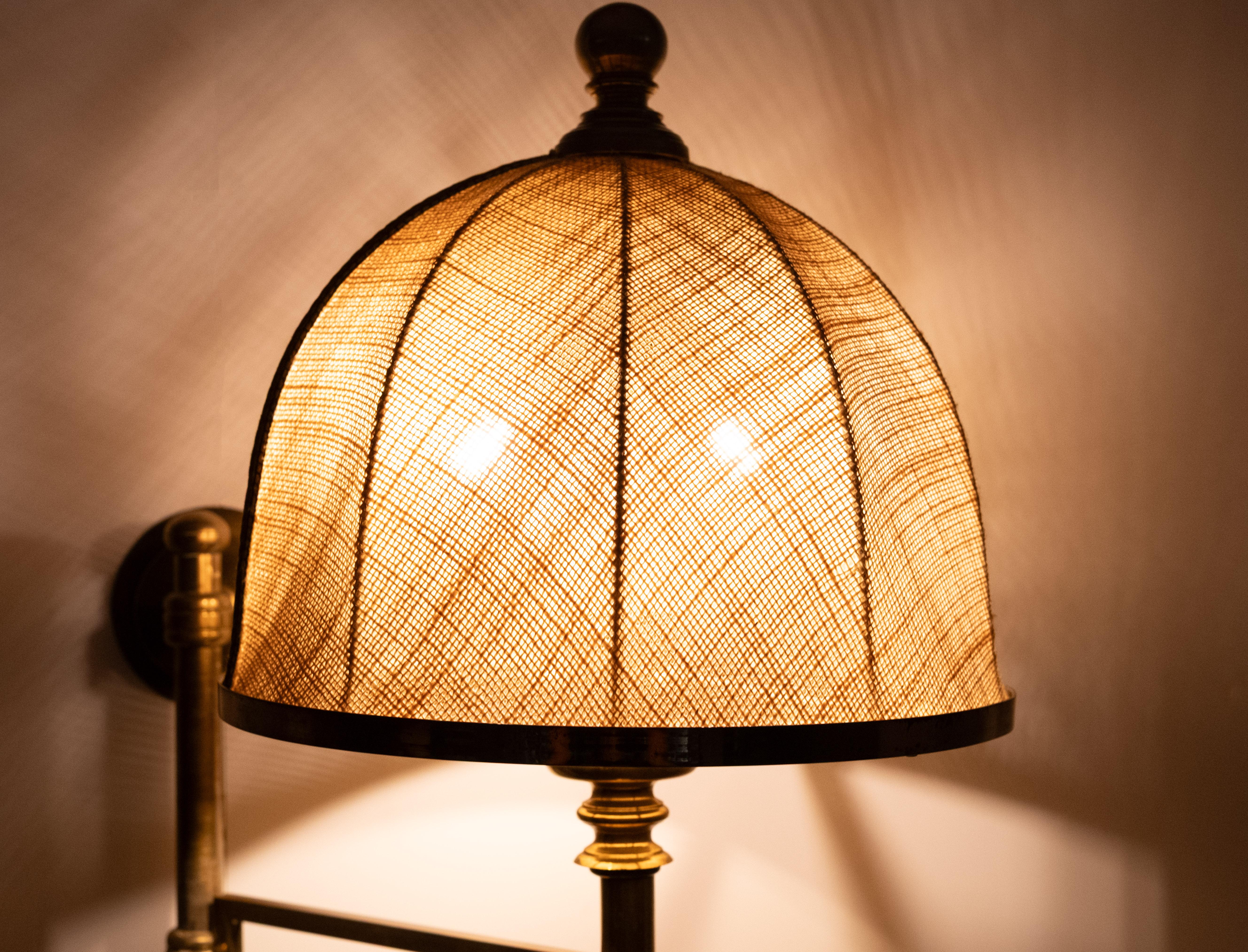 Adjustable Brass swing arm Wall Lamp Hessian shade  1950s England For Sale 4