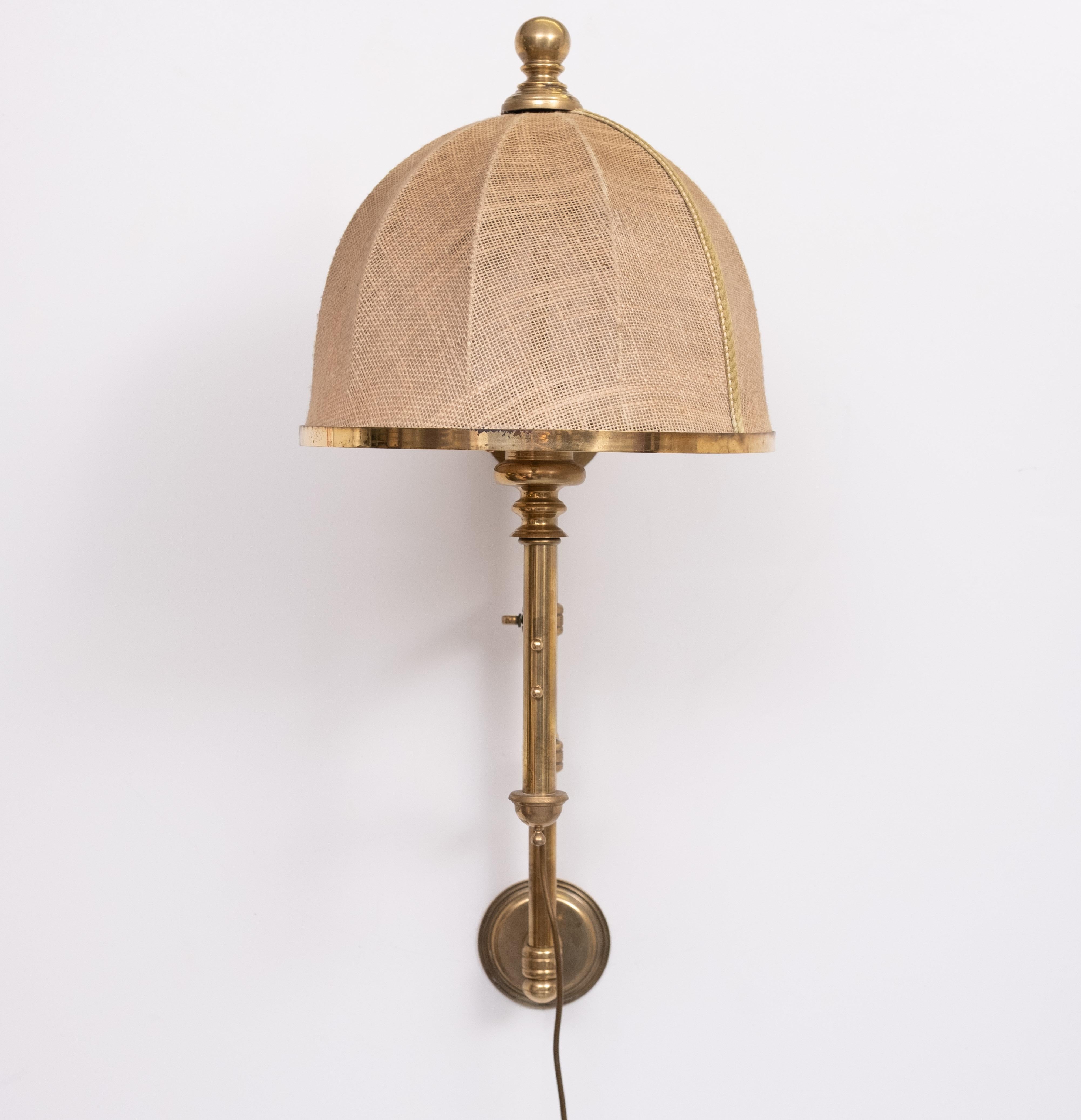Victorian Adjustable Brass swing arm Wall Lamp Hessian shade  1950s England For Sale