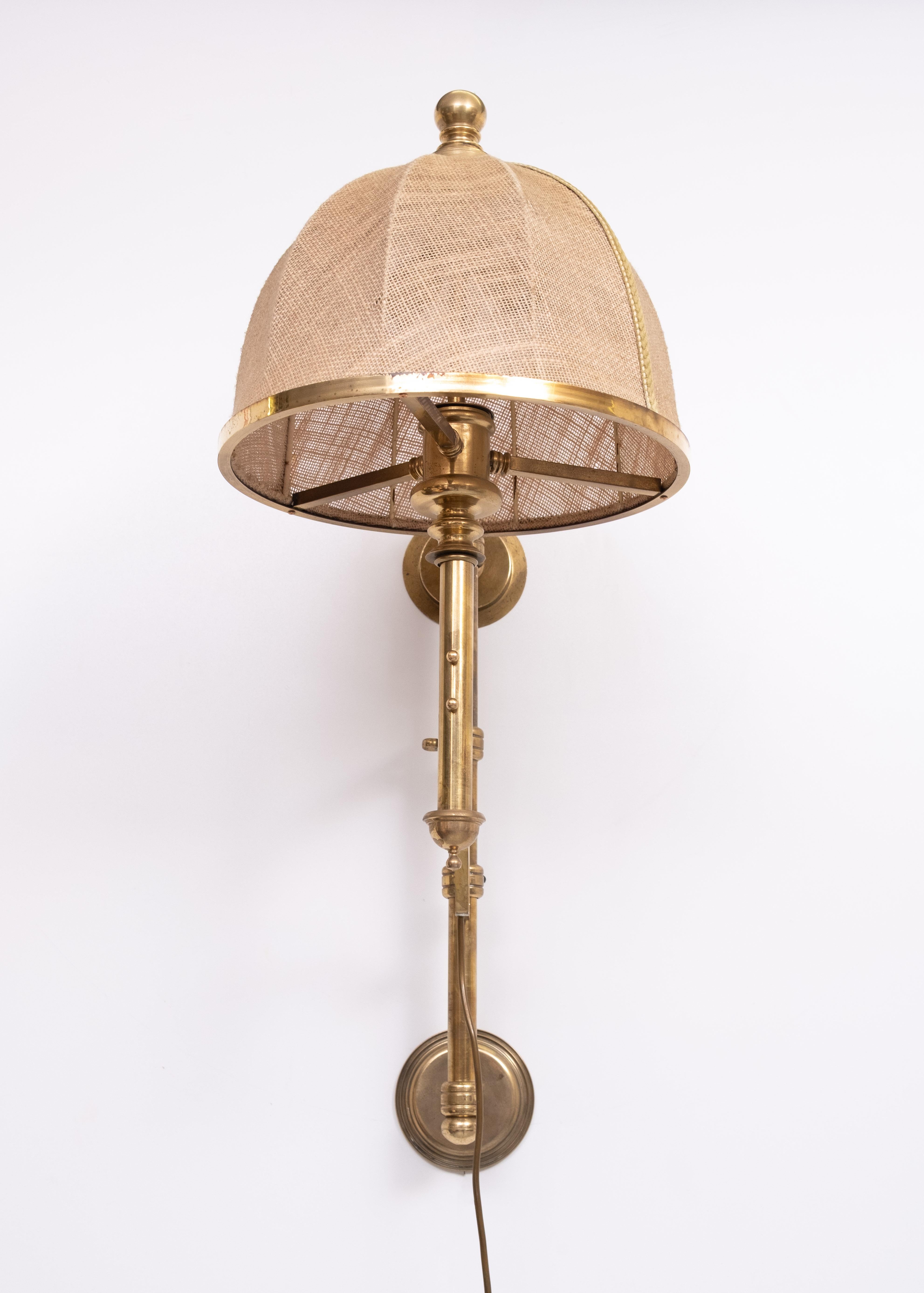 English Adjustable Brass swing arm Wall Lamp Hessian shade  1950s England For Sale
