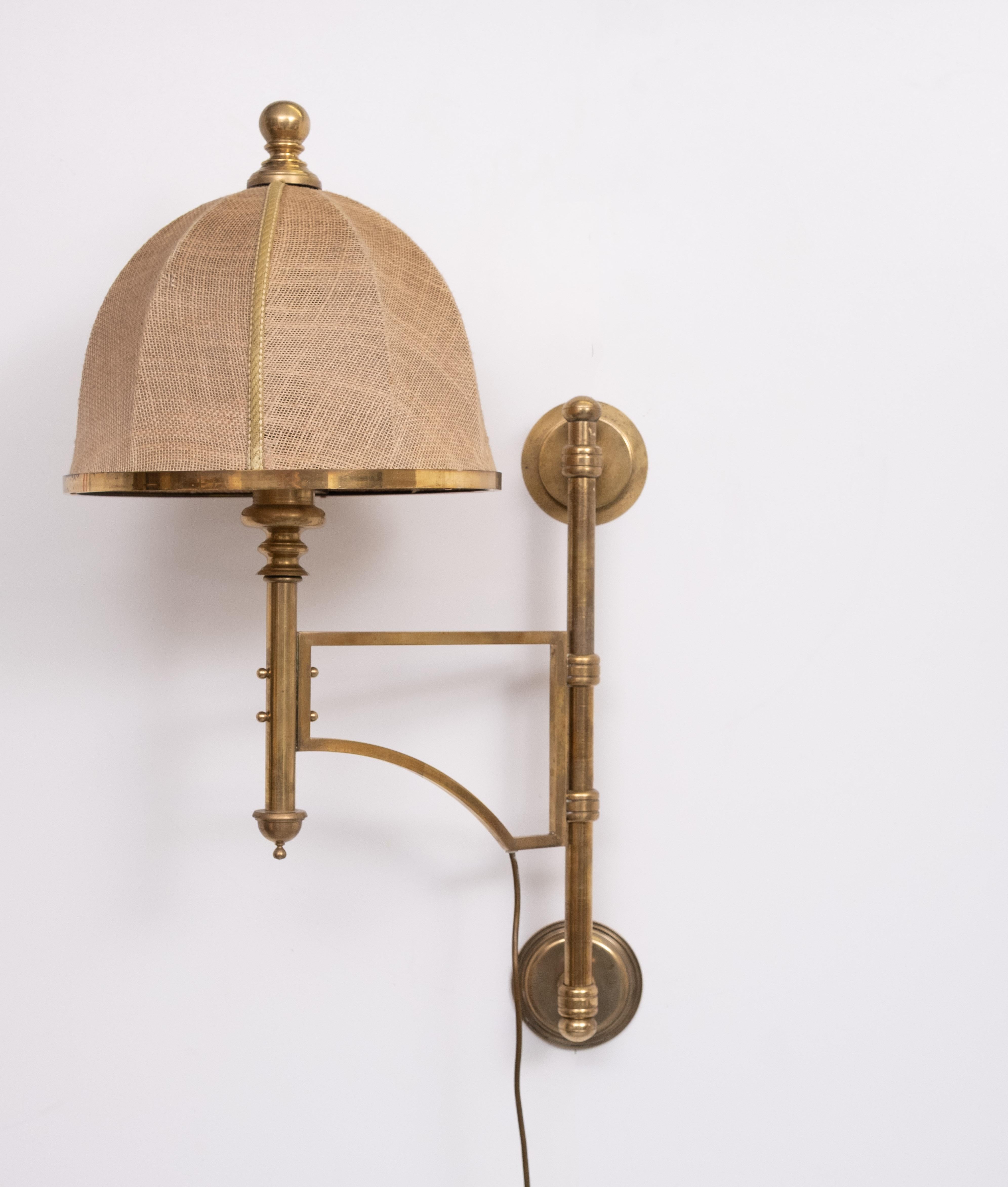 Mid-20th Century Adjustable Brass swing arm Wall Lamp Hessian shade  1950s England For Sale