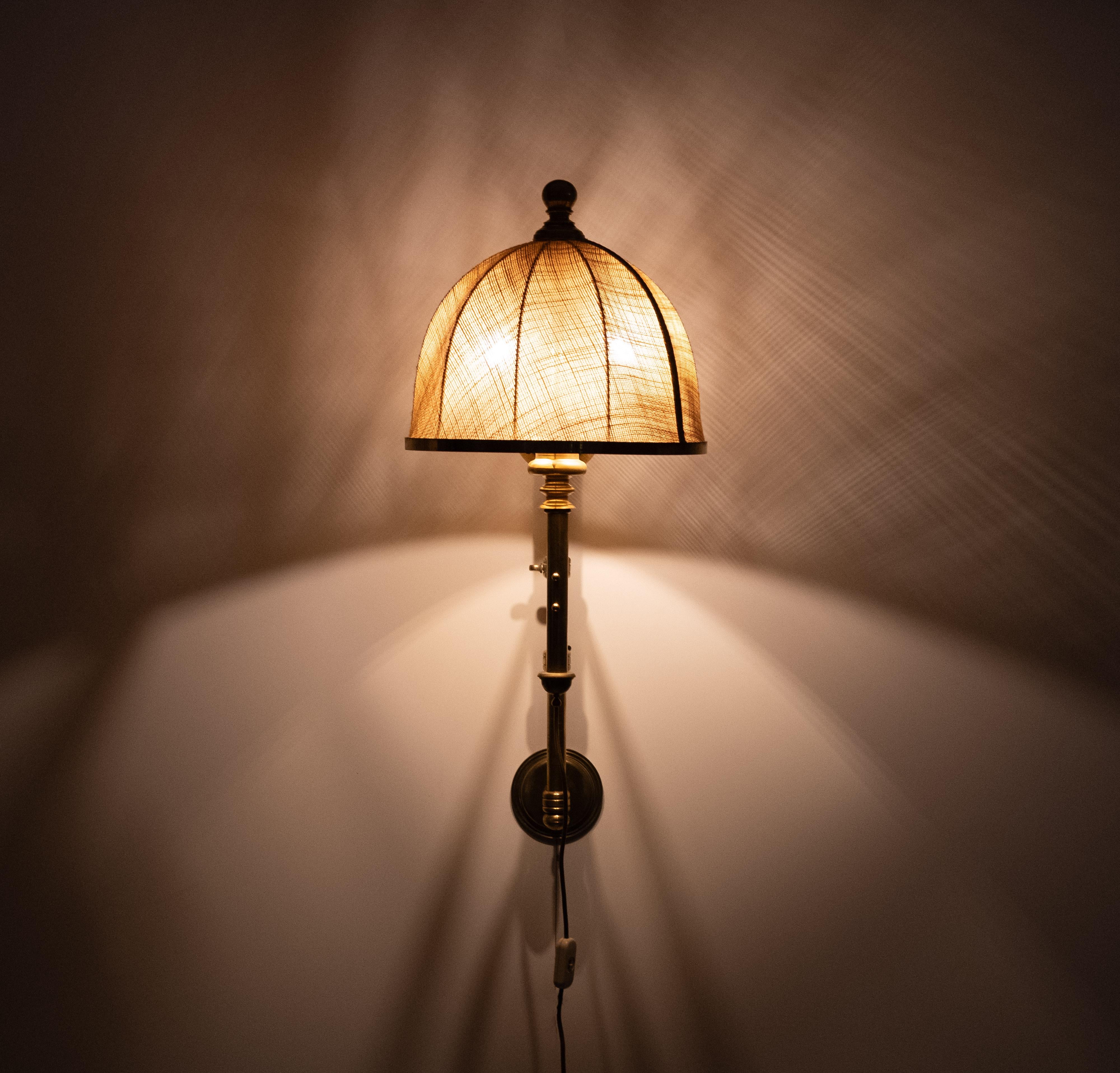 Adjustable Brass swing arm Wall Lamp Hessian shade  1950s England For Sale 2