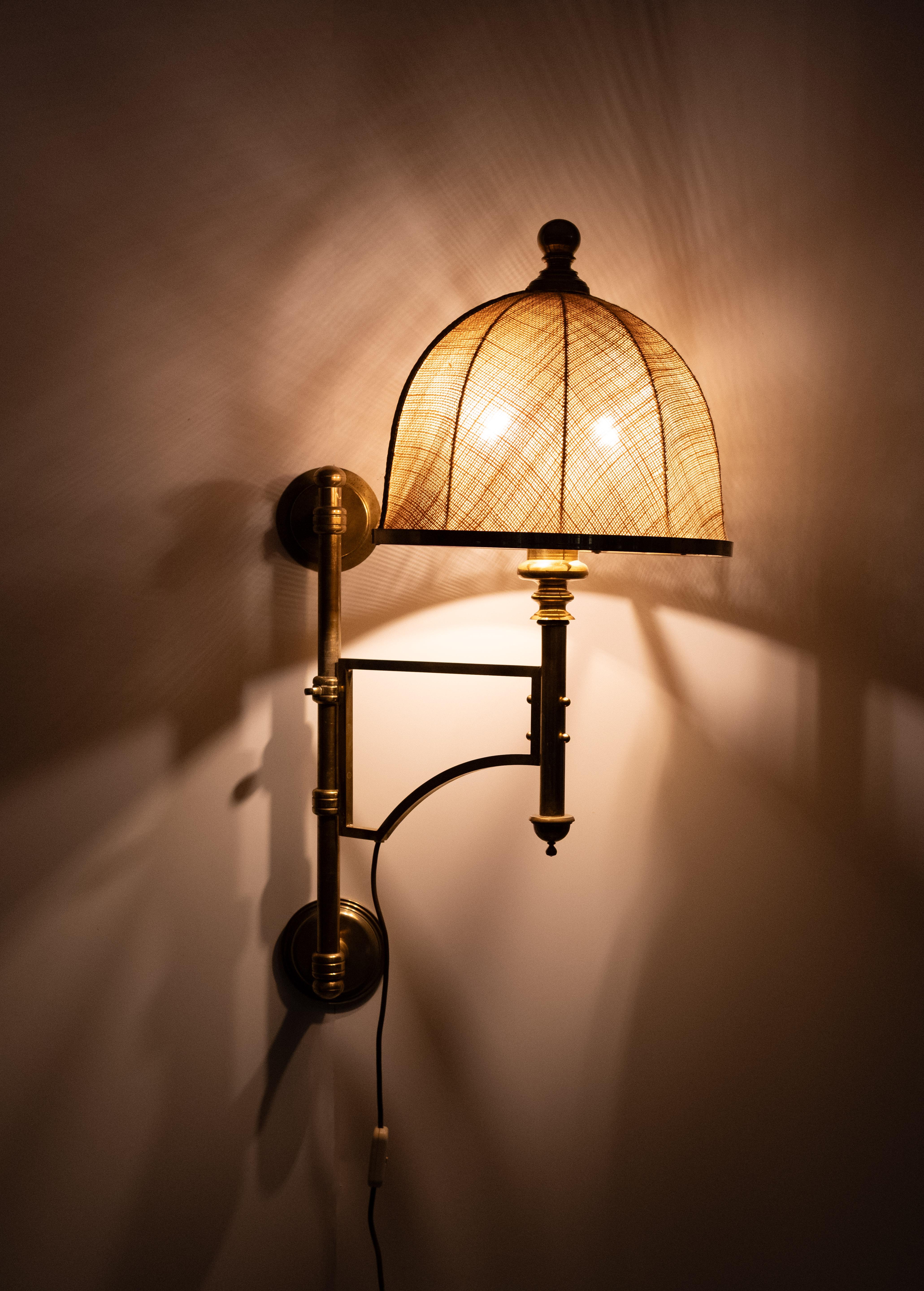 Adjustable Brass swing arm Wall Lamp Hessian shade  1950s England For Sale 3