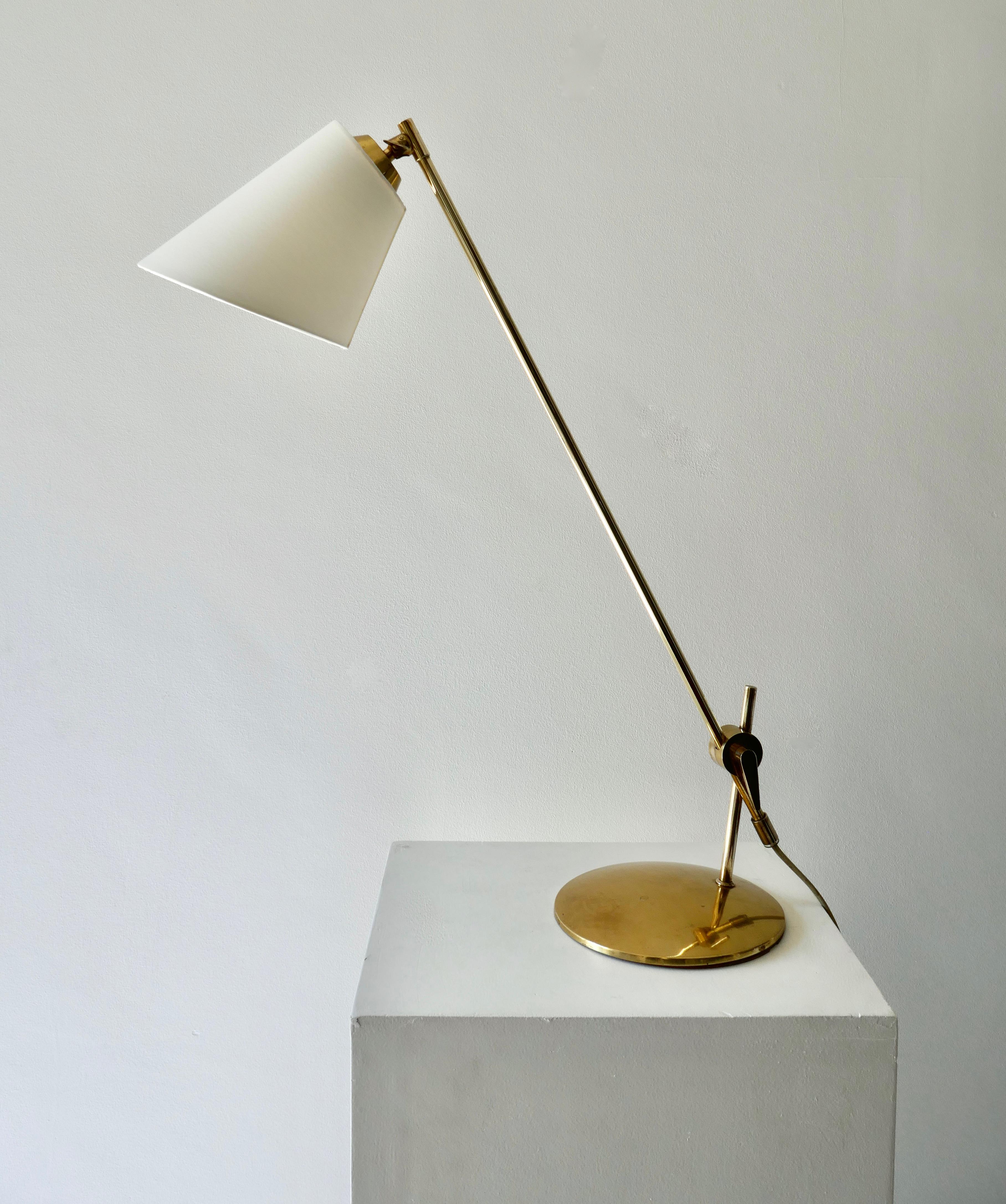 Adjustable Brass Table or Desk Lamp with White Lamp Shade, Denmark, 1960s 4