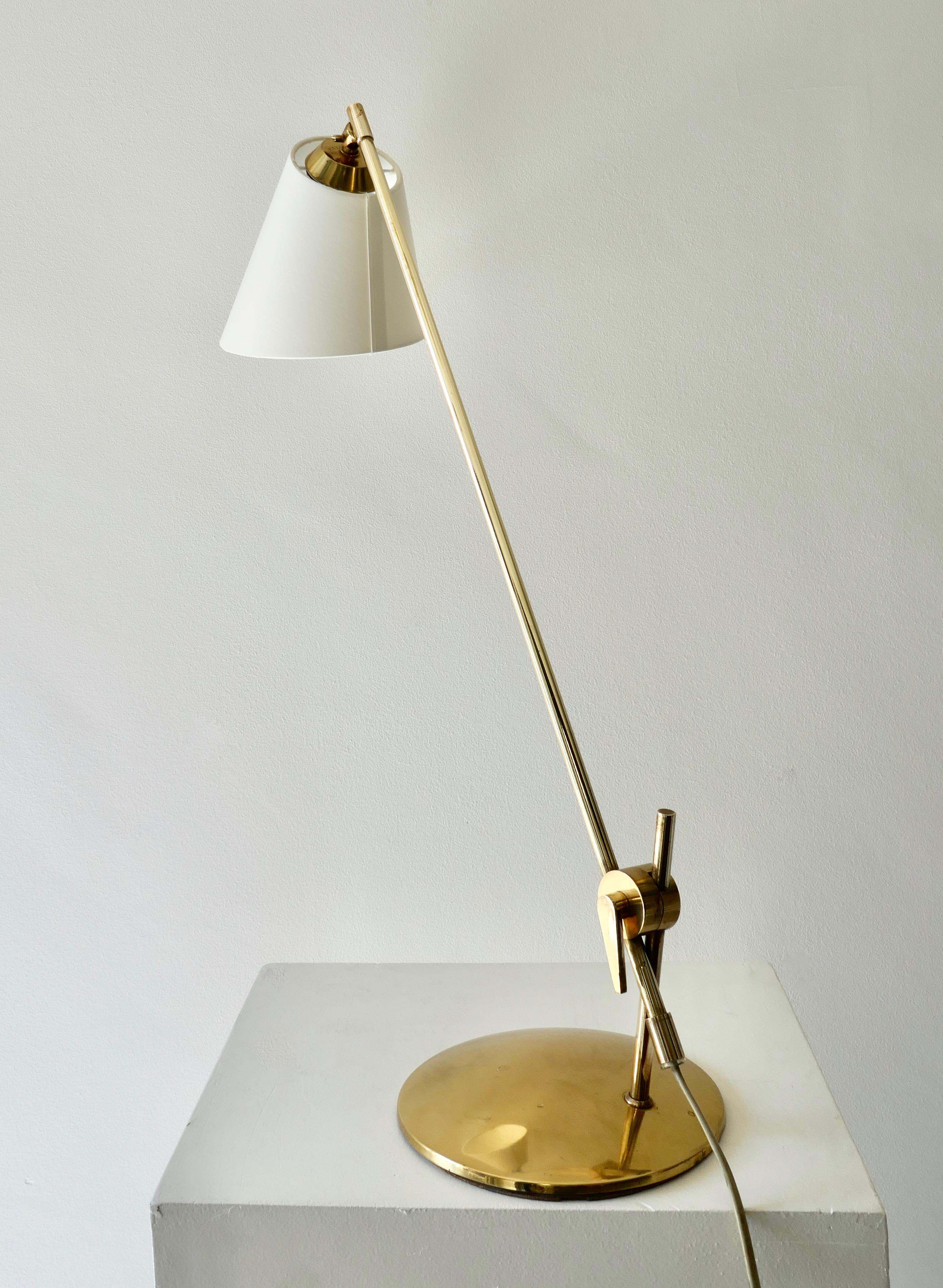 Adjustable Brass Table or Desk Lamp with White Lamp Shade, Denmark, 1960s 5