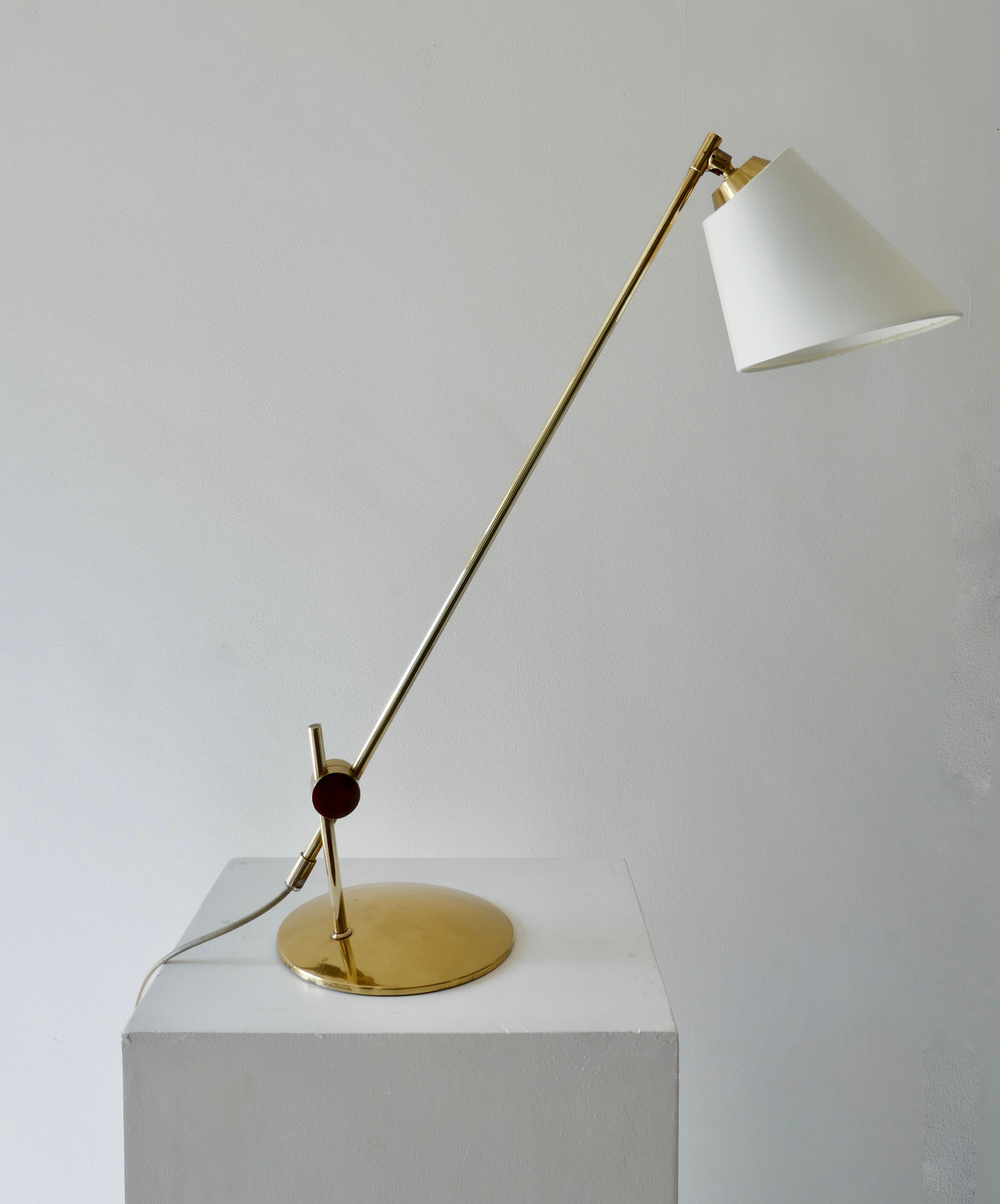 Adjustable Brass Table or Desk Lamp with White Lamp Shade, Denmark, 1960s 3