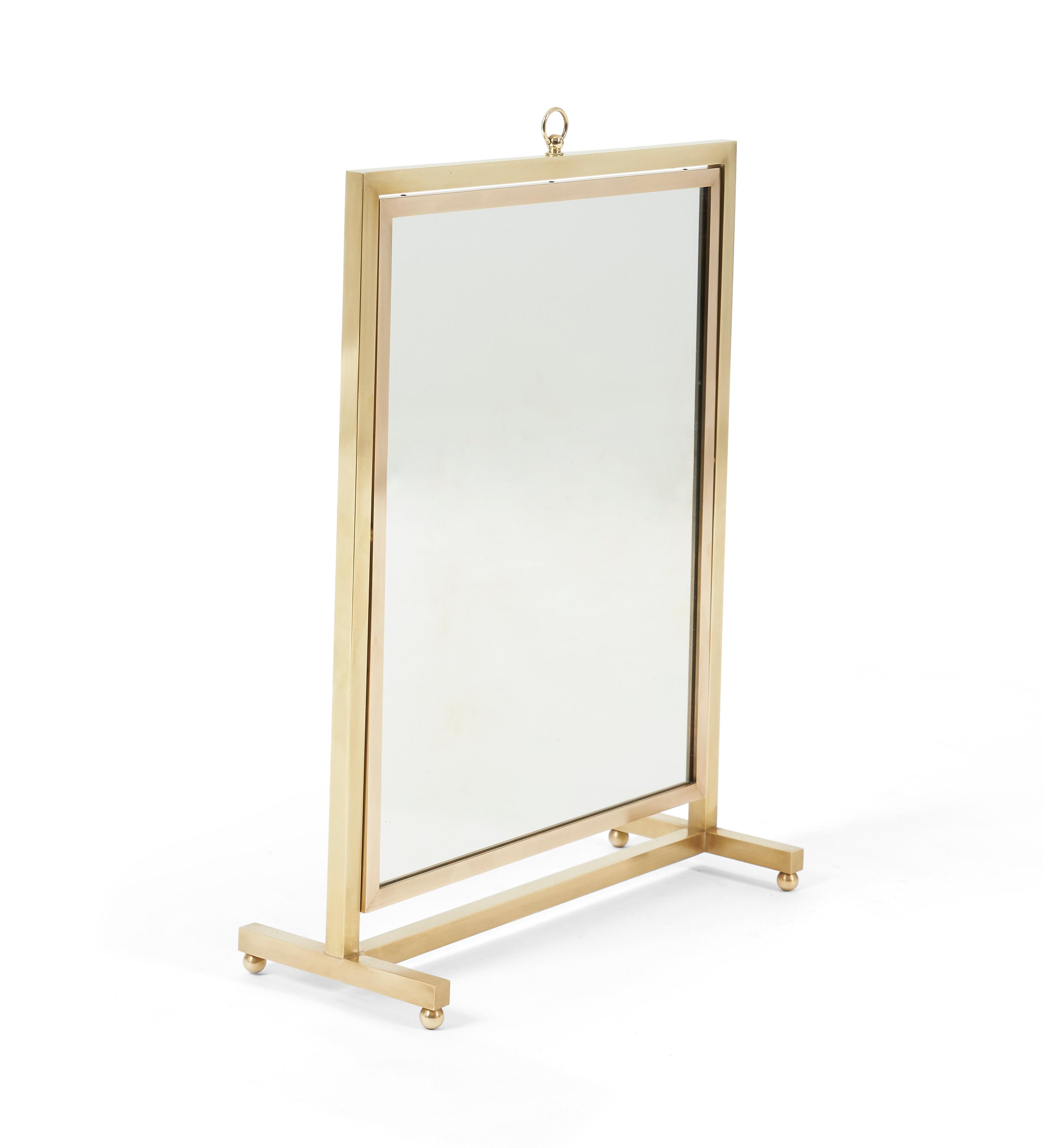 Brass vanity/table top mirror in adjustable stand.  Back side of mirror is Italian walnut panel.