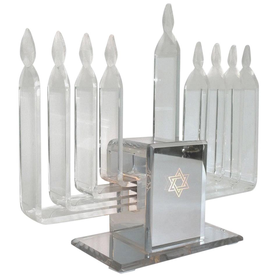 Adjustable Candelabra Lighting Lucite and Mirror Menorah with Lit Star of David For Sale