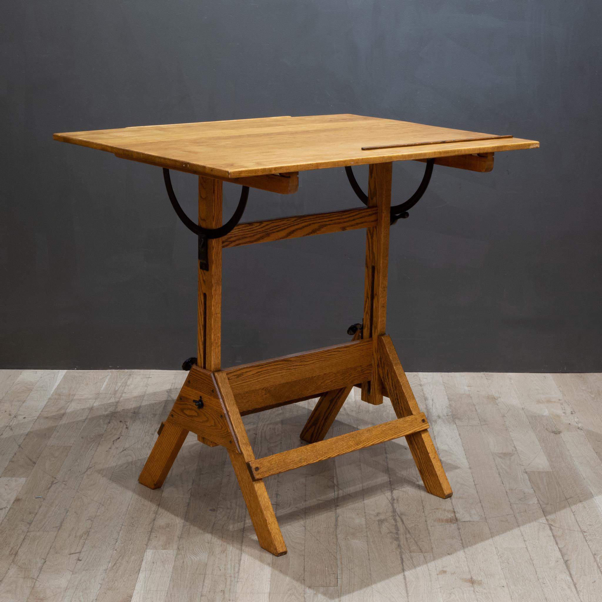 Industrial Adjustable Cast Iron and Wood Drafting Table, C.1940-1950