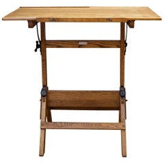 Adjustable Cast Iron and Wood Drafting Table, C.1940-1950