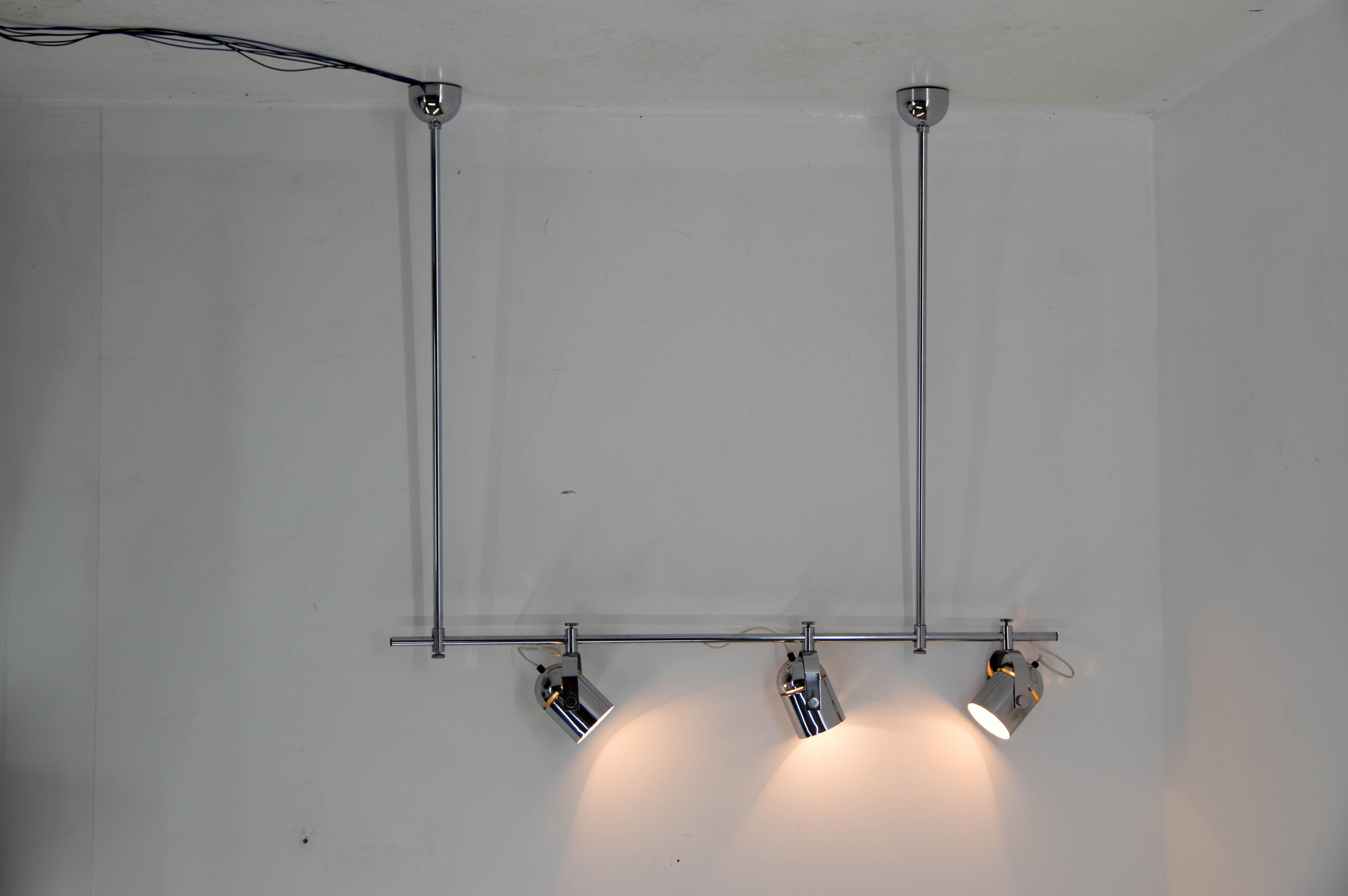 Variable ceiling light Combi Lux designed by Stanislav Indra.
Three adjustable shades allow different lighting options. 
Very good condition.
Cleaned, polished, rewired.
Six items available.
3 x 60W, E25-E27 bulbs.
US wiring compatible.