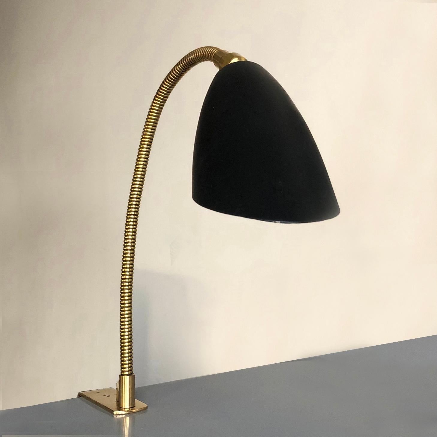Italian Adjustable Clamp Brass Goose Neck Black Shade Table Task Light, Italy, 1950s For Sale