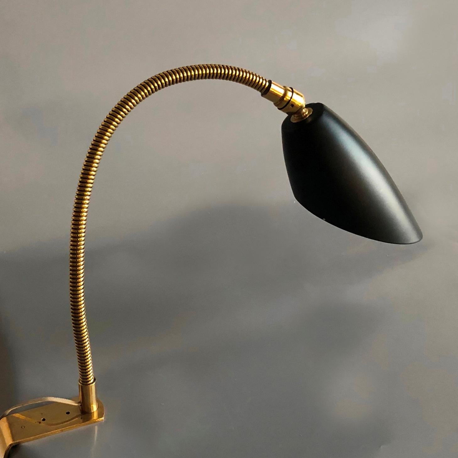 Painted Adjustable Clamp Brass Goose Neck Black Shade Table Task Light, Italy, 1950s For Sale