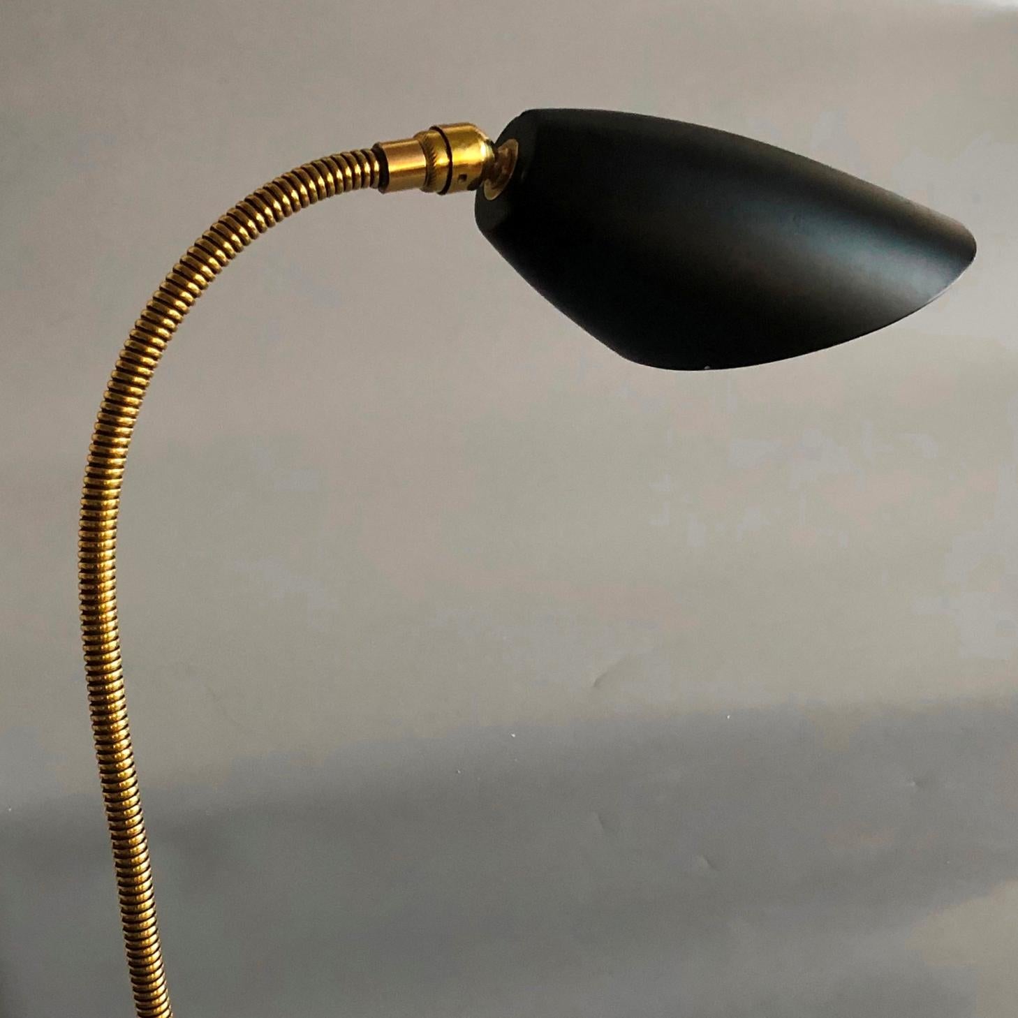 Mid-20th Century Adjustable Clamp Brass Goose Neck Black Shade Table Task Light, Italy, 1950s For Sale