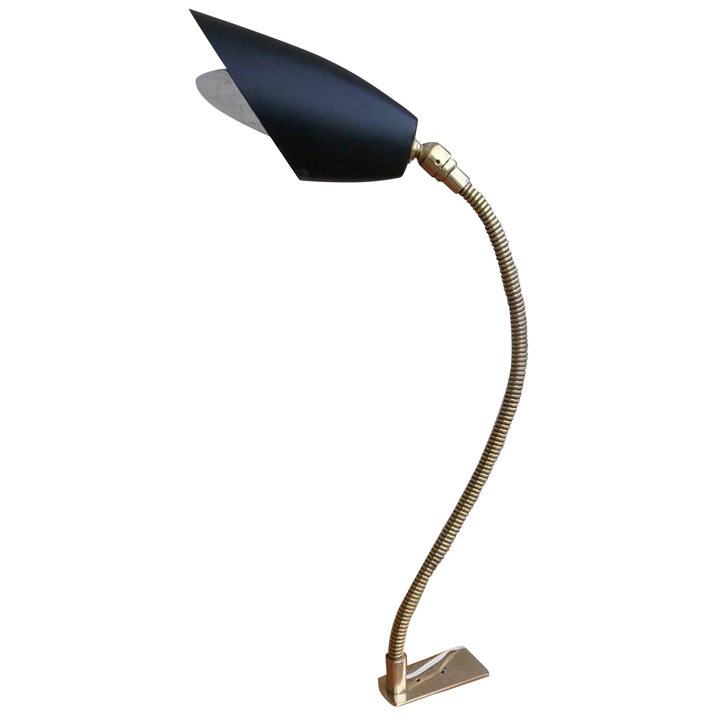 Adjustable Clamp Brass Goose Neck Black Shade Table Task Light, Italy, 1950s For Sale