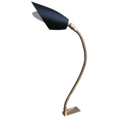 Adjustable Clamp Brass Goose Neck Black Shade Table Task Light, Italy, 1950s